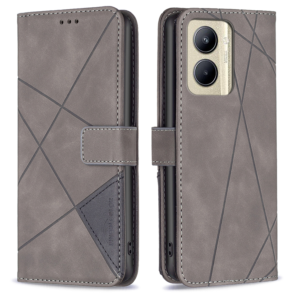 

Binfen Farbe BF05 Telefonabdeckung Für Realme C33 4G Geometrische Geometrische Brieftaschenstand PU Ledertasche - Grau, Realme C33 2023 4G