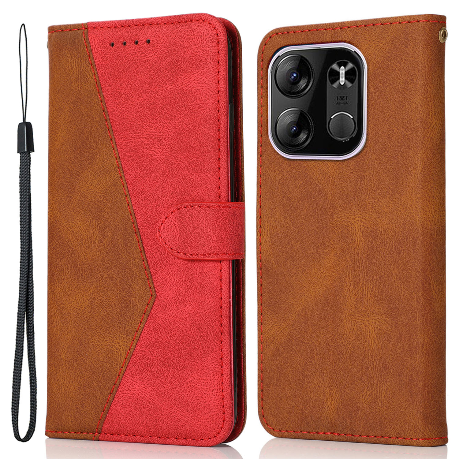

Für Tecno Spark Go 2023 4G Spleißen PU Leder-telefonhülle Anti-drop-ständer Brieftasche Abdeckung - Braun+rot, Tecno Spark Go 2023 4G
