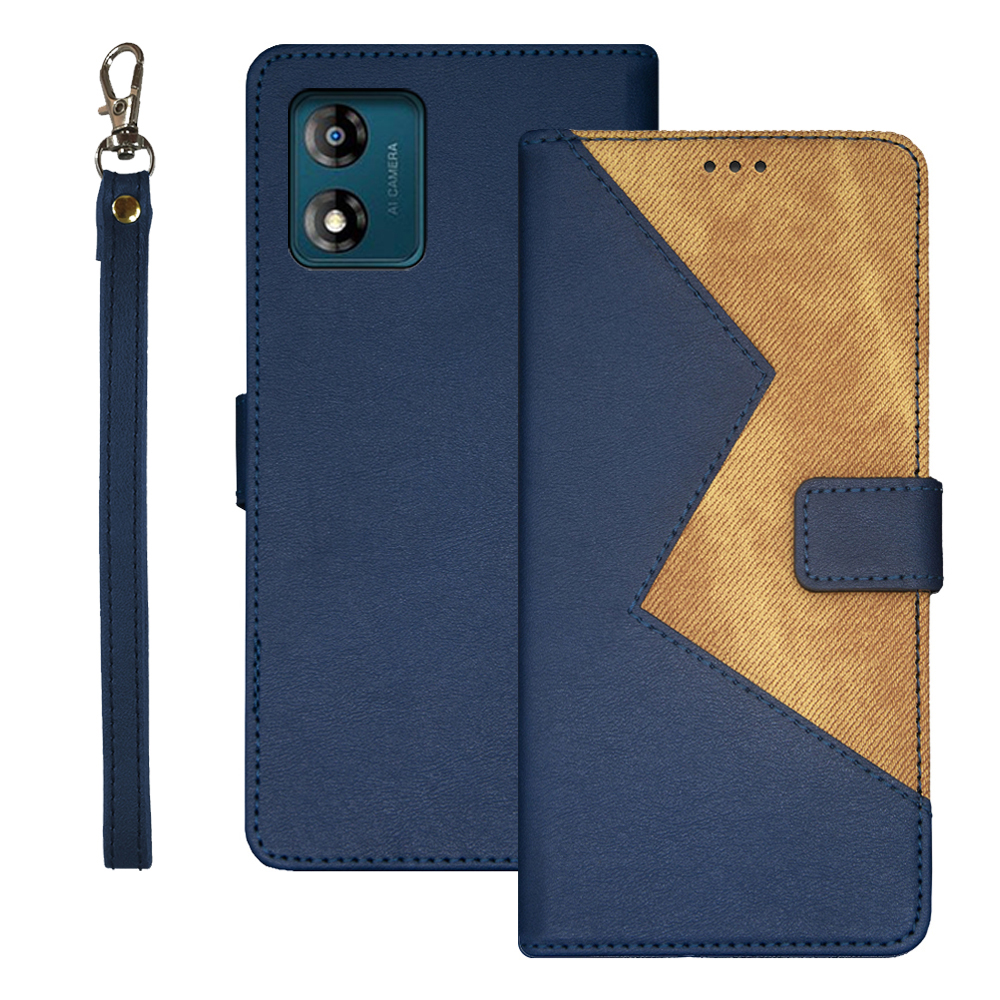 

IDEWEI Für Motorola Moto E13 4G Kartenschlitzständer Telefon Hülle Farbspleißen PU Leder Flip Cover - Blau, Motorola Moto E13 4G