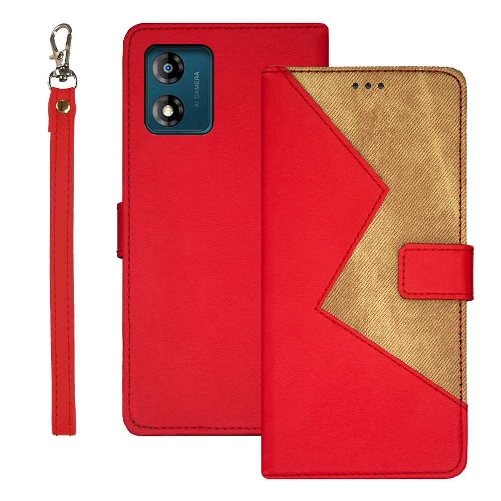 

IDEWEI Für Motorola Moto E13 4G Kartenschlitzständer Telefon Hülle Farbspleißen PU Leder Flip Cover - Rot, Motorola Moto E13 4G