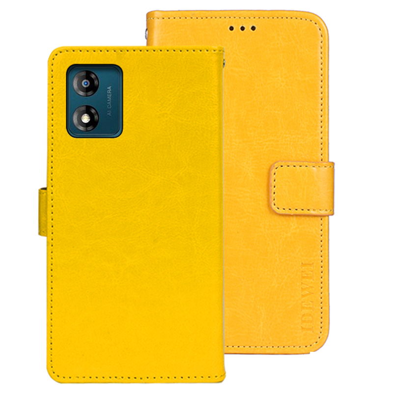 

IDEWEI Für Motorola Moto E13 4G Wallet Phone Hülle Verrückte Pferdestauer PU Lederabdeckung - Gelb, Motorola Moto E13 4G