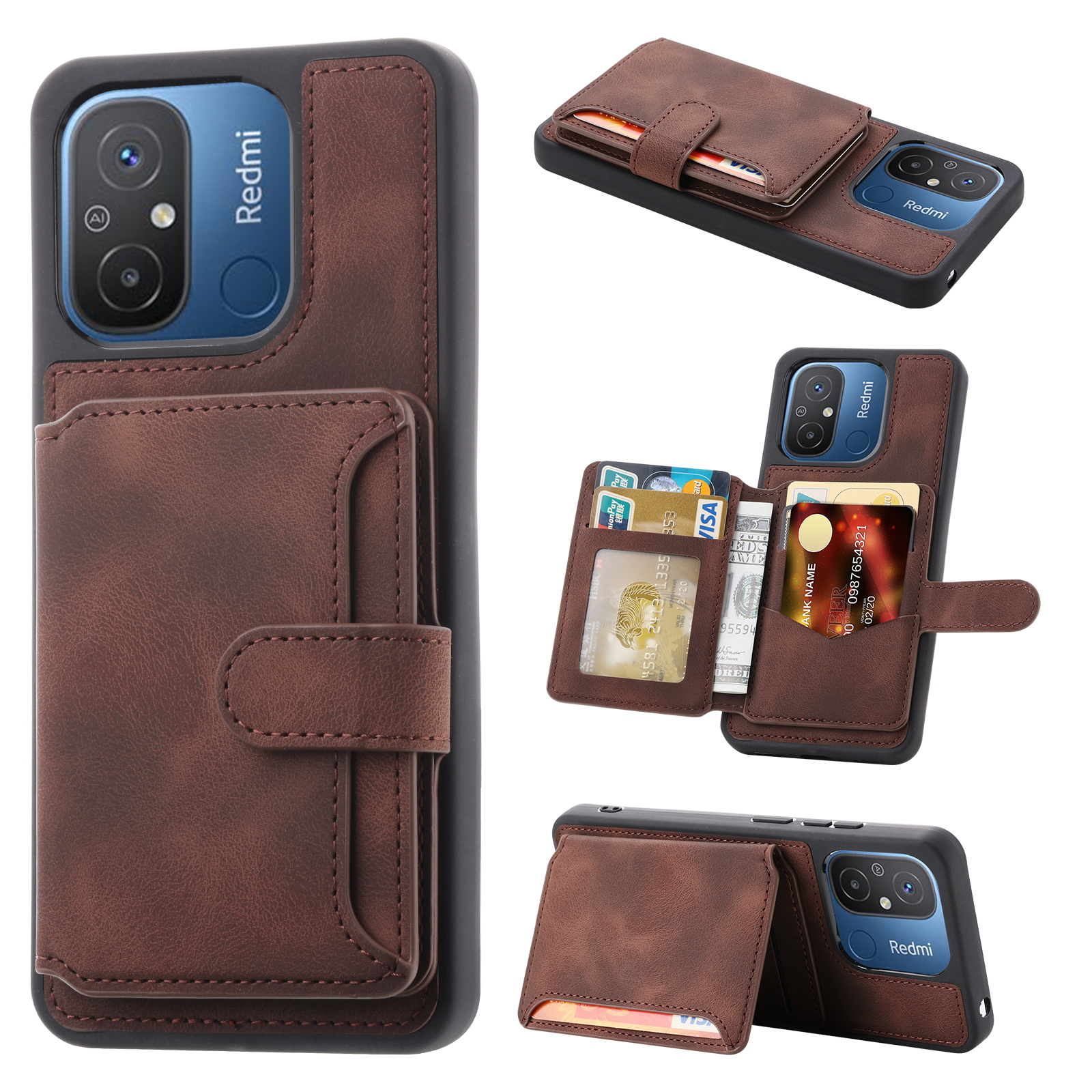 

Für Xiaomi Redmi 12C 4G Lederbeschichtete Tpu-kickstand-telefonhülle RFID Blocking Wallet Anti-drop-abdeckung - Kaffee, Xiaomi Redmi 12C 4G