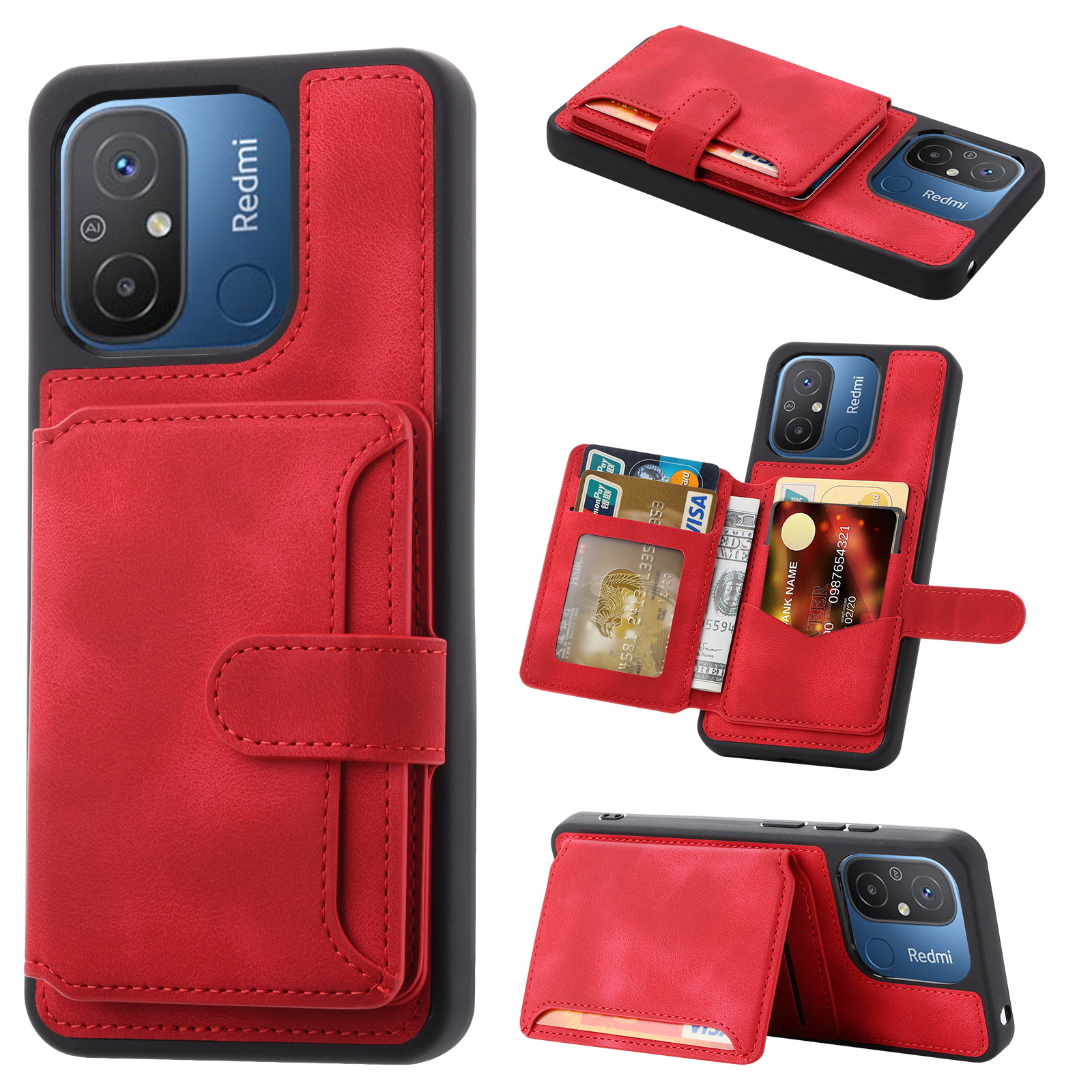 

Für Xiaomi Redmi 12C 4G Lederbeschichtete Tpu-kickstand-telefonhülle RFID Blocking Wallet Anti-drop-abdeckung - Rot, Xiaomi Redmi 12C 4G