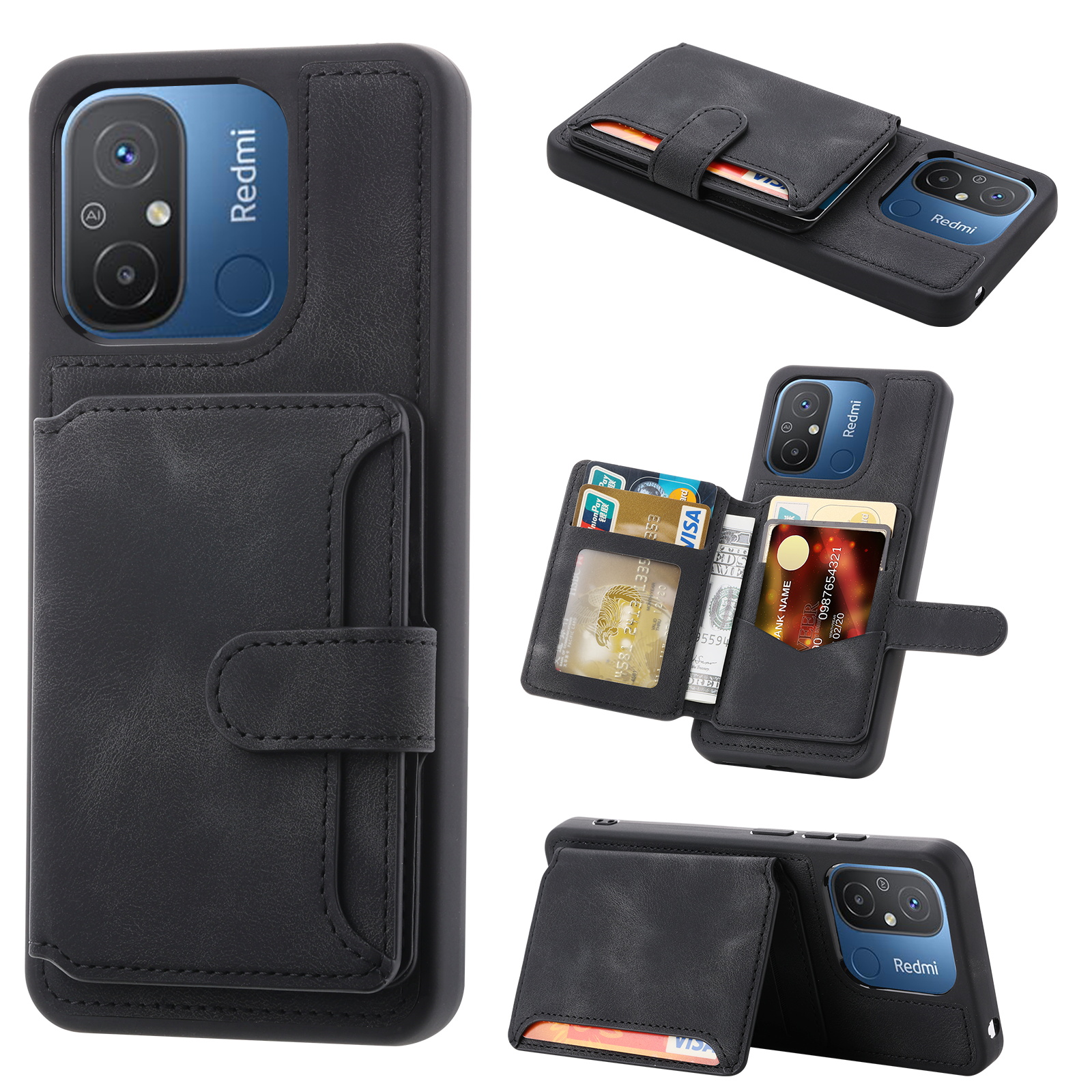 

Für Xiaomi Redmi 12C 4G Lederbeschichtete Tpu-kickstand-telefonhülle RFID Blocking Wallet Anti-drop-abdeckung - Schwarz, Xiaomi Redmi 12C 4G
