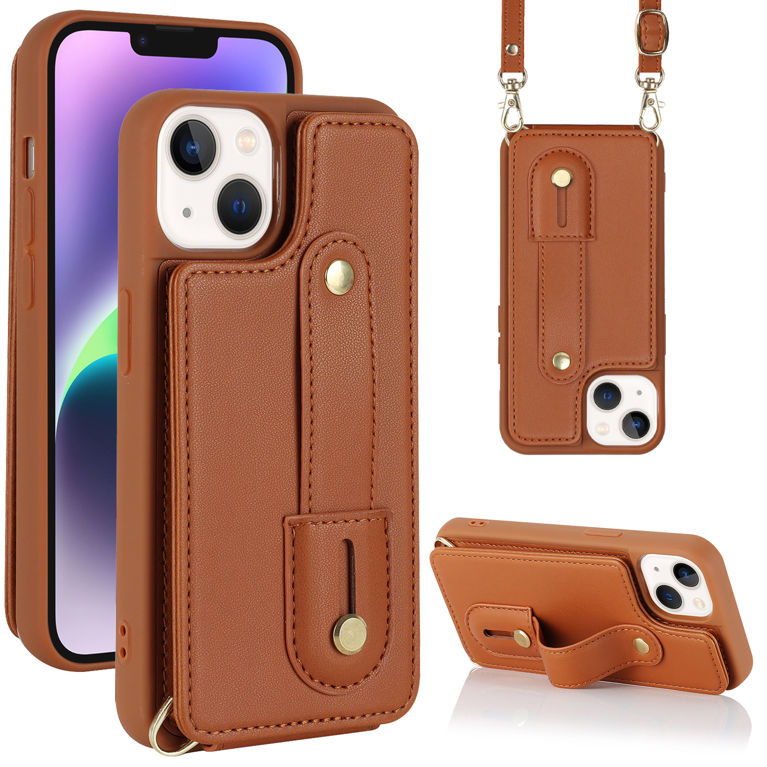

Für Das Iphone 14 Plus Army Gurt Ständer Telefonhülle PU -lederbeschichtete TPU -kickstand -cover - Braun, iPhone 14 Plus