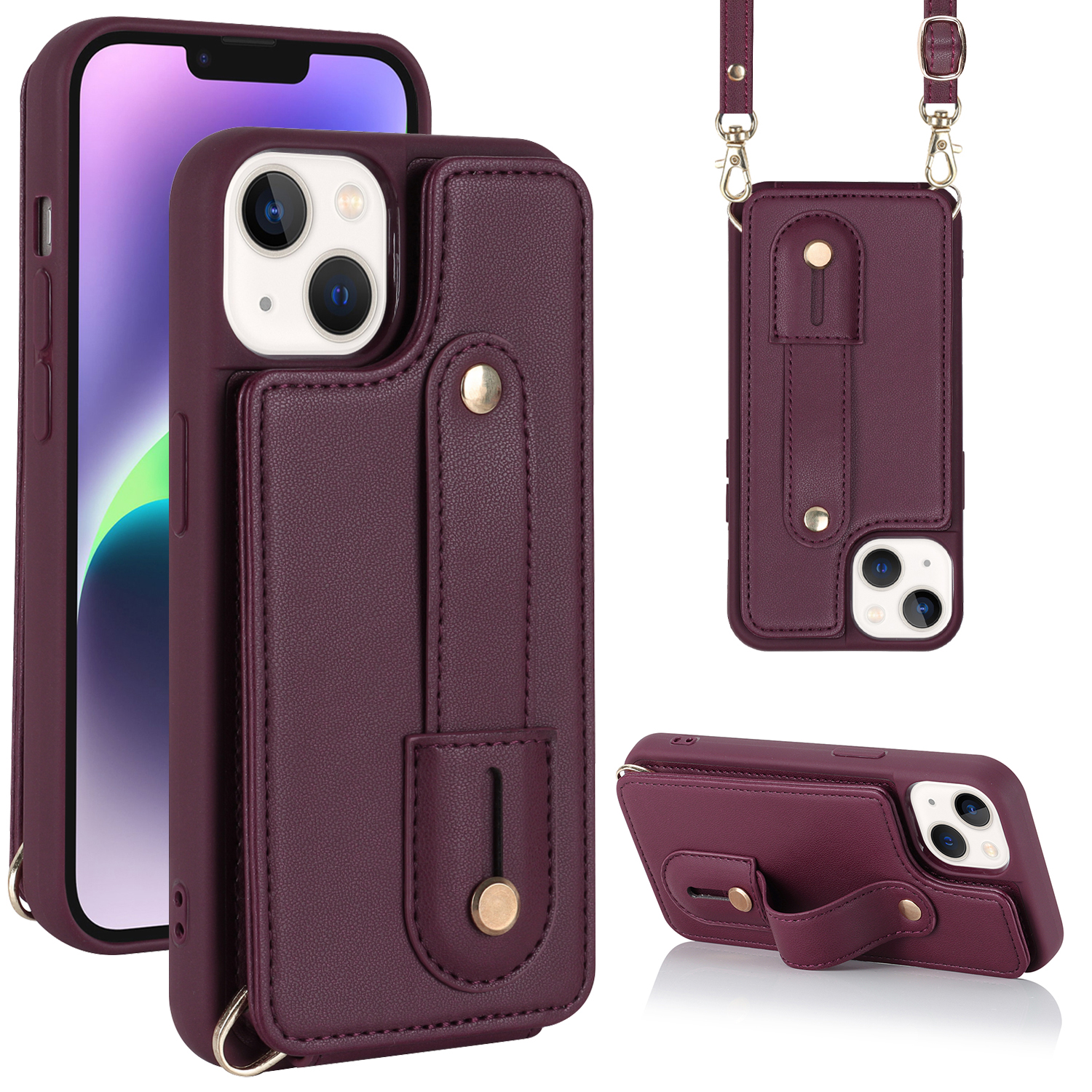 

Für Das Iphone 14 Plus Army Gurt Ständer Telefonhülle PU -lederbeschichtete TPU -kickstand -cover - Weinrot, iPhone 14 Plus