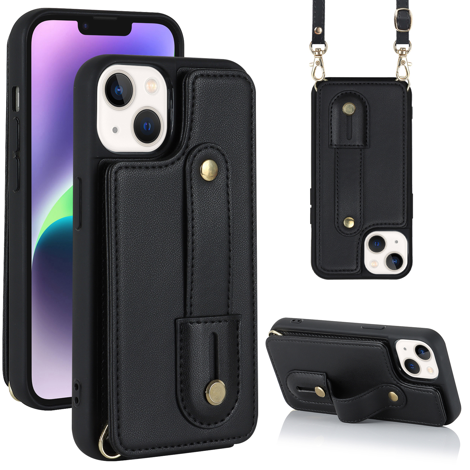 

Für Iphone 14 / 13 6,1 Zoll Armband Kickstand Back Cover -kartenhalter PU Lederbeschichtete TPU -telefonhülle - Schwarz, iPhone 14