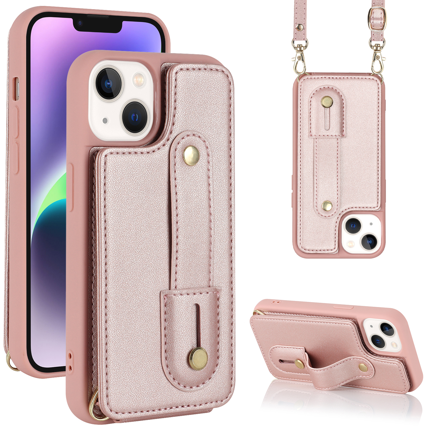

Für Iphone 14 / 13 6,1 Zoll Armband Kickstand Back Cover -kartenhalter PU Lederbeschichtete TPU -telefonhülle - Roségold, iPhone 14