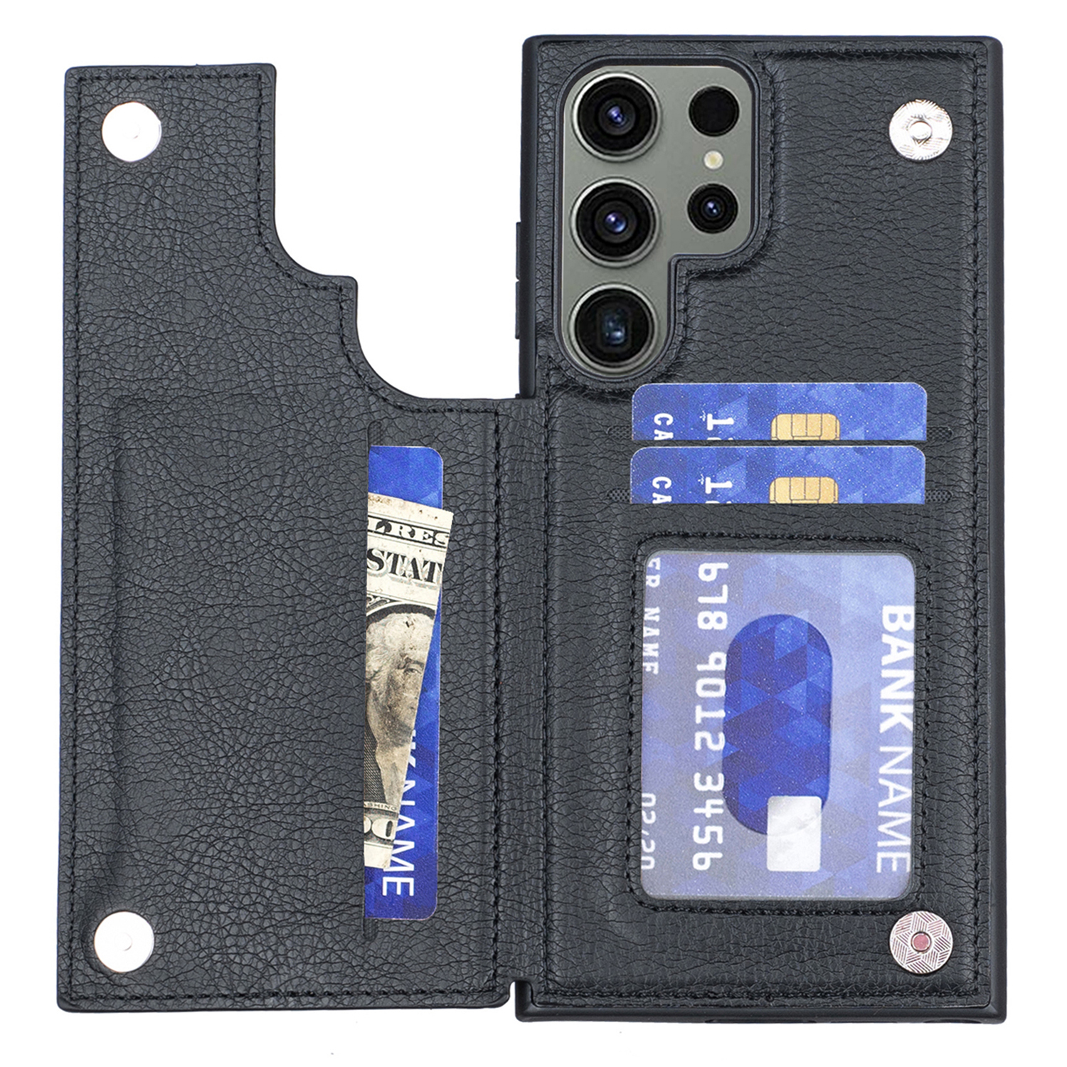 

Für Samsung Galaxy S23 Kartenhalter Telefon Kickstand Hülle PU Lederbeschichtete TPU -abdeckung - Schwarz, Galaxy S23