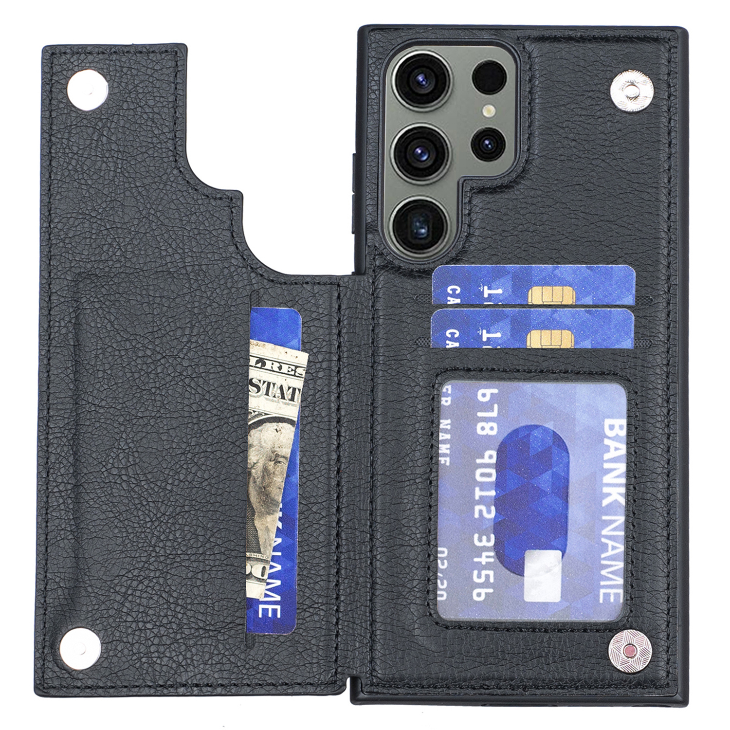 

Für Samsung Galaxy S23 Ultra -kartenhalter -telefon Kickstand Hülle PU -lederbeschichtete TPU -abdeckung - Schwarz, Galaxy S23 Ultra