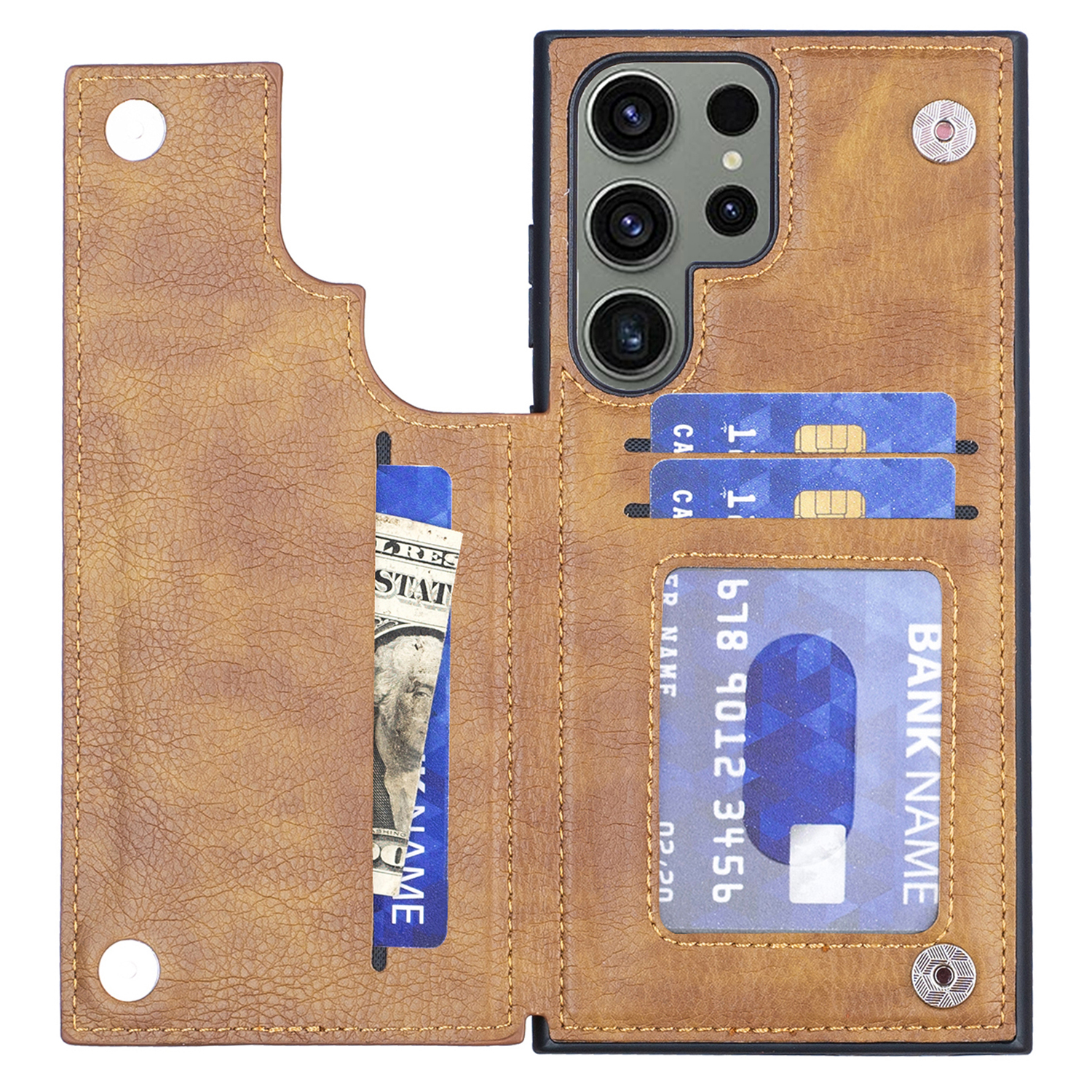 

Für Samsung Galaxy S23 Ultra -kartenhalter -telefon Kickstand Hülle PU -lederbeschichtete TPU -abdeckung - Braun, Galaxy S23 Ultra