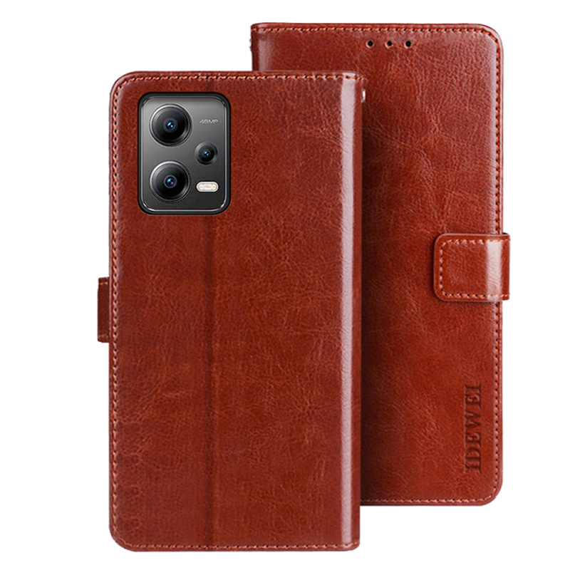 

IDEWEI Für Xiaomi Redmi Anmerkung 12 5G (China) /(indien) /(global) / Poco X5 5G PU Leder Telefon Hülle Brieftasche Telefonständer Cover - Braun, Xiaomi Redmi Note 12 5G (China)
