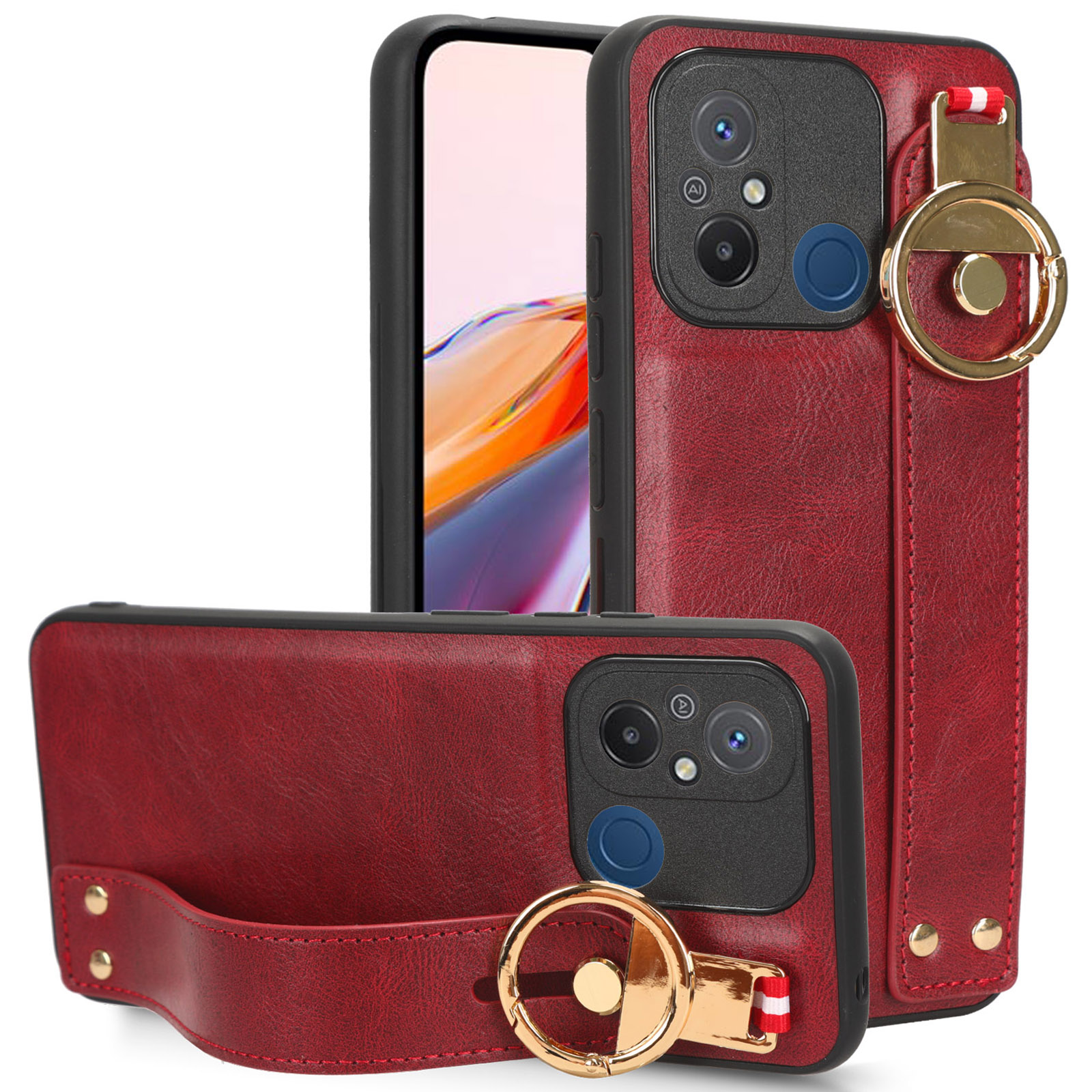 

Für Xiaomi Redmi 12c 4g / Poco C55 4G Armband Kickstand Cover PU Lederbeschichtete PC+TPU -telefonhülle Mit Nackengurt - Rot, Xiaomi Redmi 12C 4G