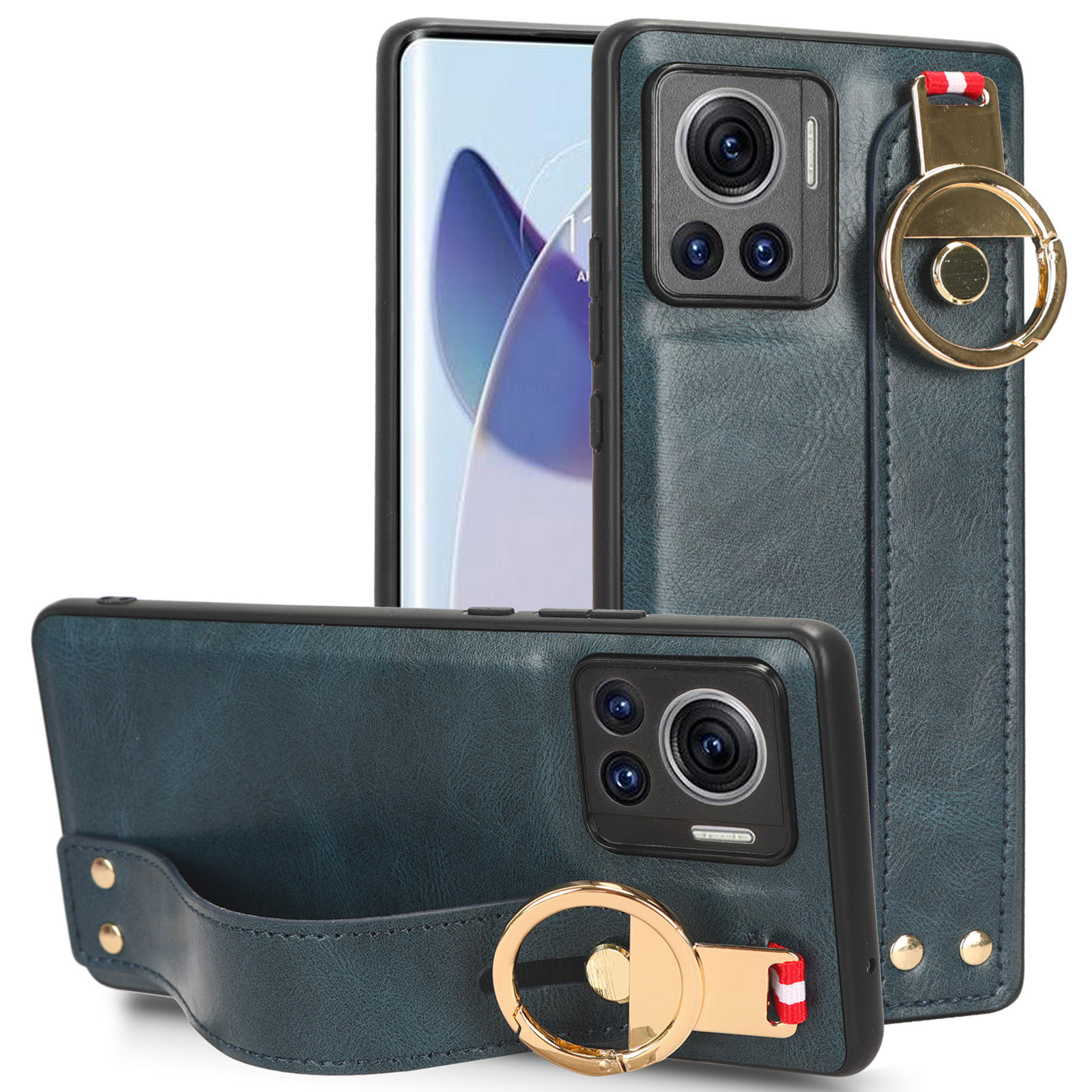 

Für Motorola Edge 30 Ultra 5g / Moto X30 Pro 5G Telefonhülle Lederbeschichtete PC+TPU Armband Kickstand Cover Mit Nackengurt - Blau, Motorola Edge 30 Ultra 5G