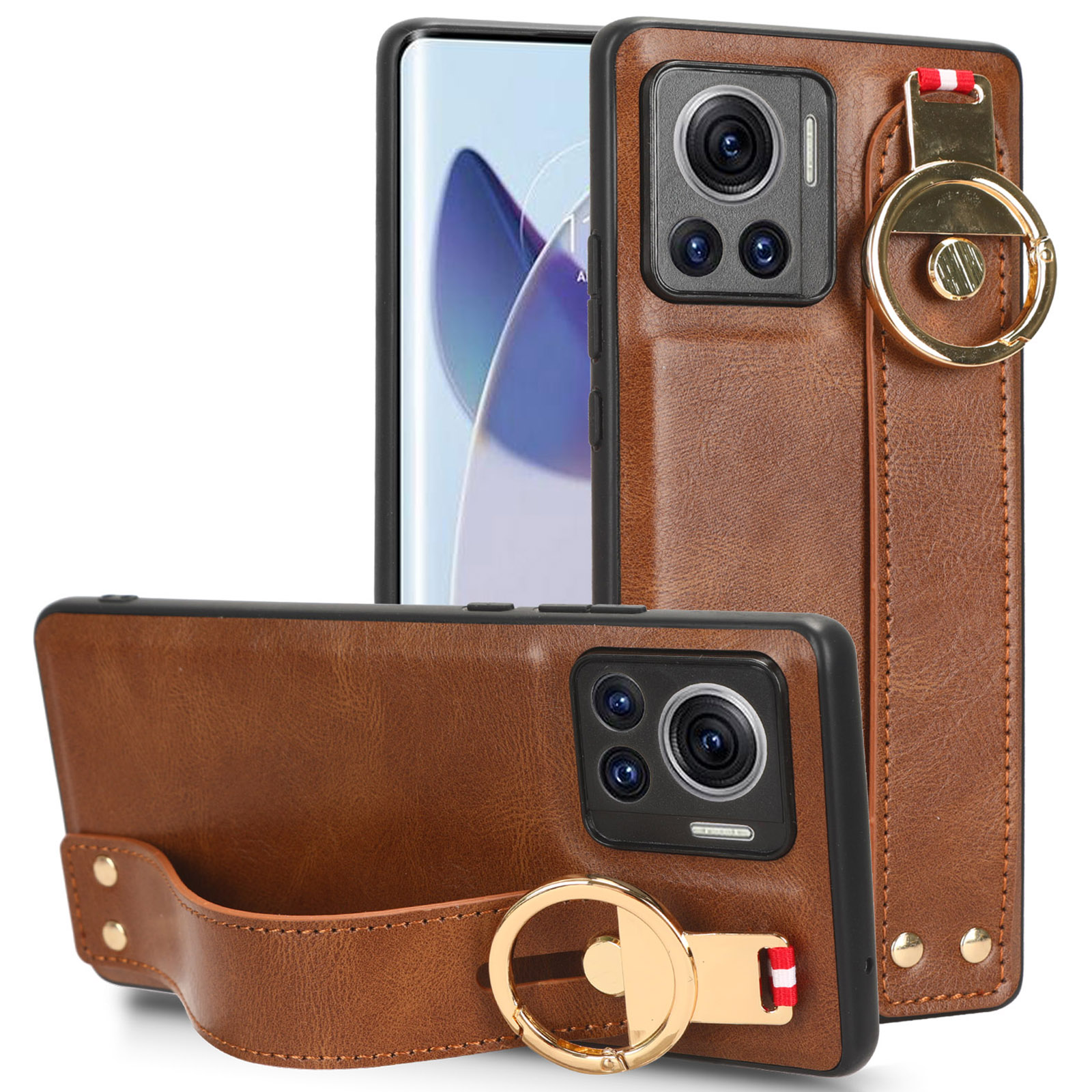 

Für Motorola Edge 30 Ultra 5g / Moto X30 Pro 5G Telefonhülle Lederbeschichtete PC+TPU Armband Kickstand Cover Mit Nackengurt - Braun, Motorola Edge 30 Ultra 5G