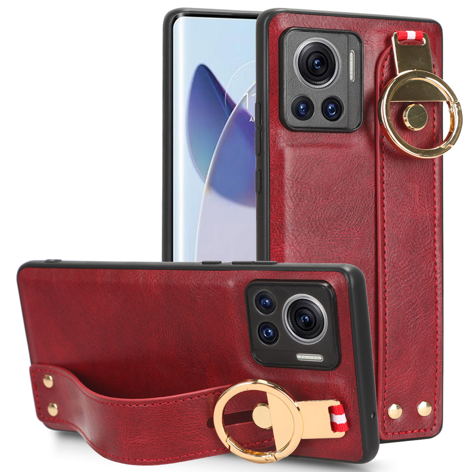 

Für Motorola Edge 30 Ultra 5g / Moto X30 Pro 5G Telefonhülle Lederbeschichtete PC+TPU Armband Kickstand Cover Mit Nackengurt - Rot, Motorola Edge 30 Ultra 5G