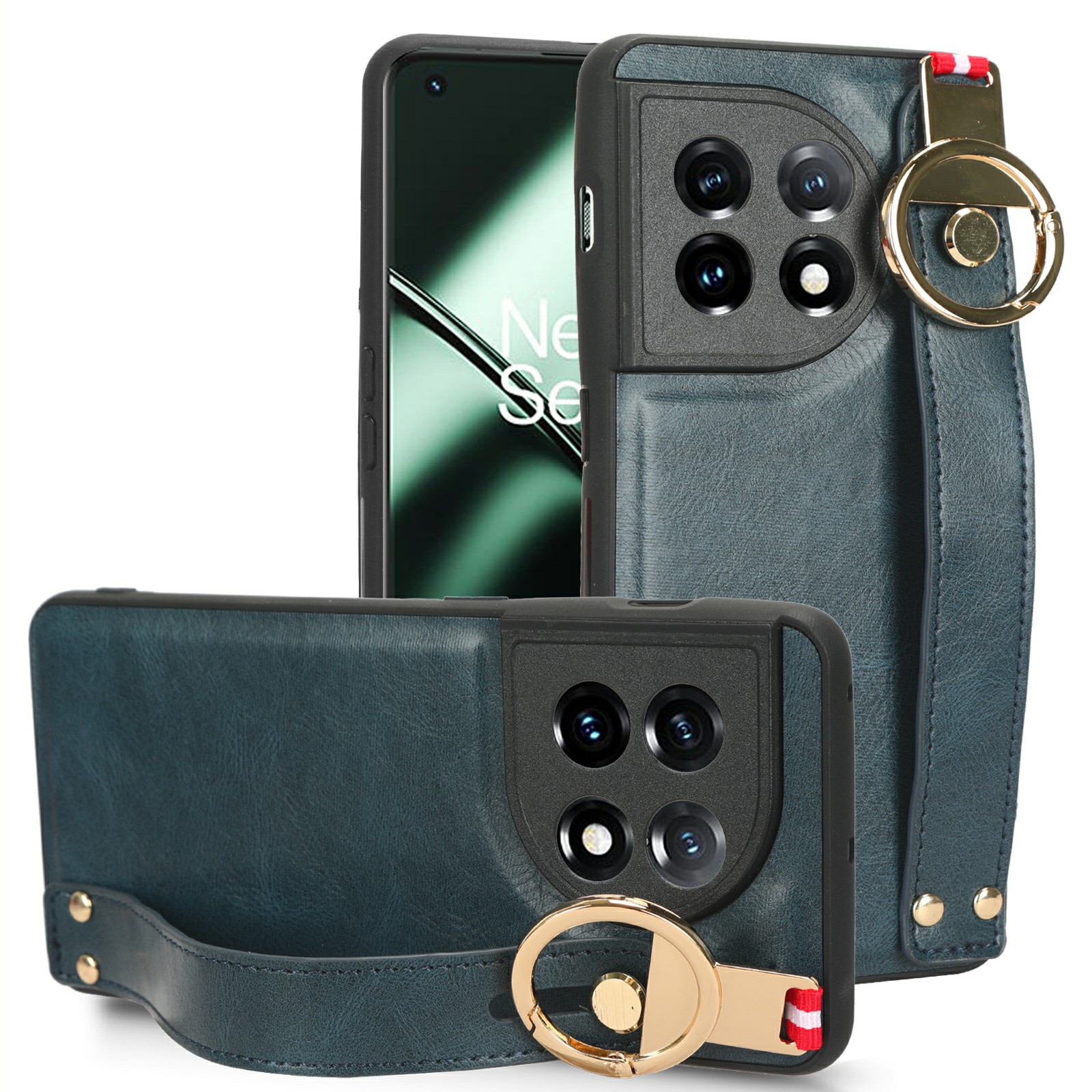 

Lederbeschichtete PC+TPU -hülle Für OnePlus 11r 5g, Armband Kickstand Handyabdeckung Mit Nackengurt - Blau, OnePlus 11R 5G