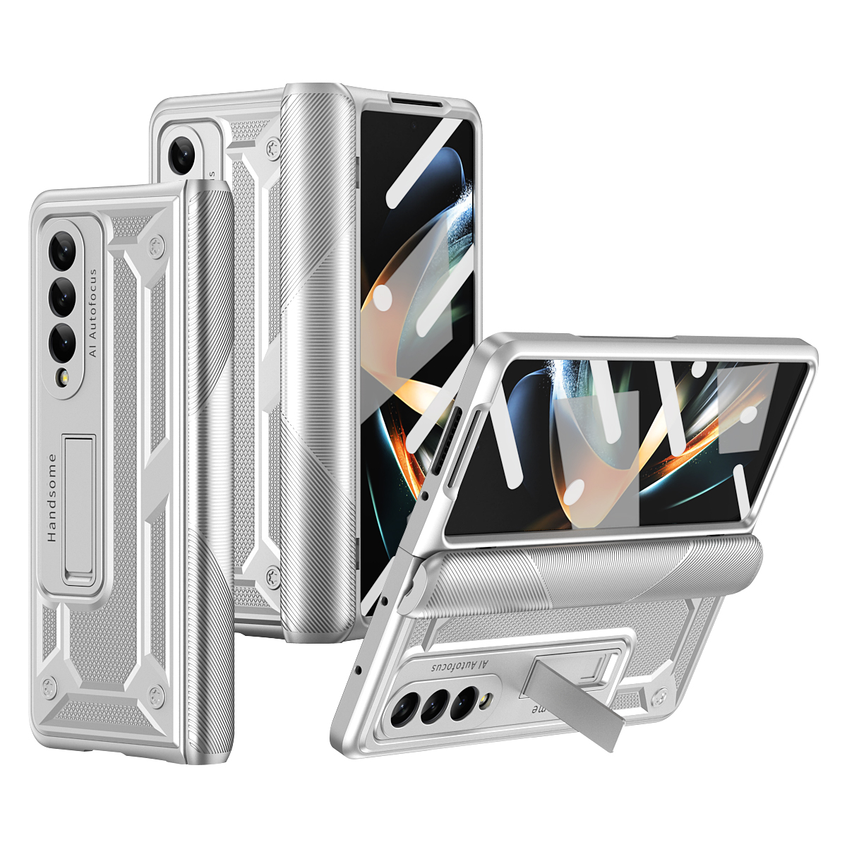 

Für Samsung Galaxy Z Fold3 5G Hard PC Folding Phone Hülle Kickstand Magnetic Scharnierabdeckung Mit Temperaturem Gla -screenfilm - Silber, Galaxy Z Fold3 5G