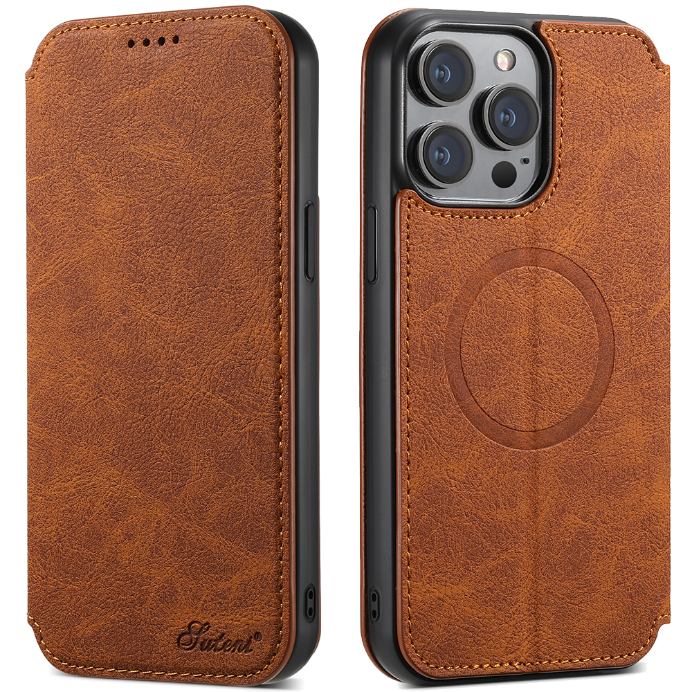 

Suteni J06 Für Iphone 13 Pro -telefon -deckungsständer Aus Leder -leder -telefonhülle Mit Magsafe Kompatibel - Khaki, iPhone 13 Pro