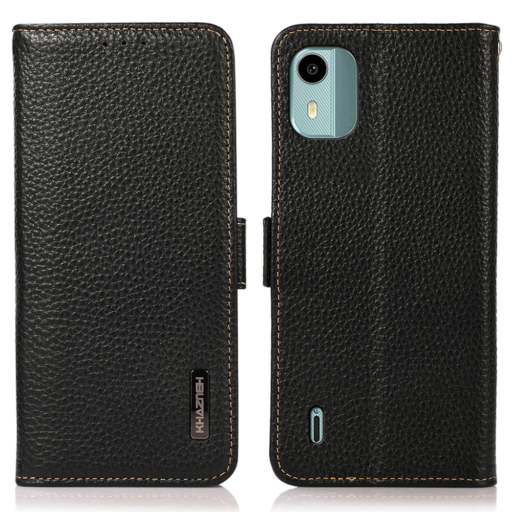 

Khazneh Für Nokia C12 4G Echtes Kuh Leder Flip Folio Hülle RFID Blockierschutz Brieftasche Telefonabdeckung - Schwarz, Nokia C12 4G