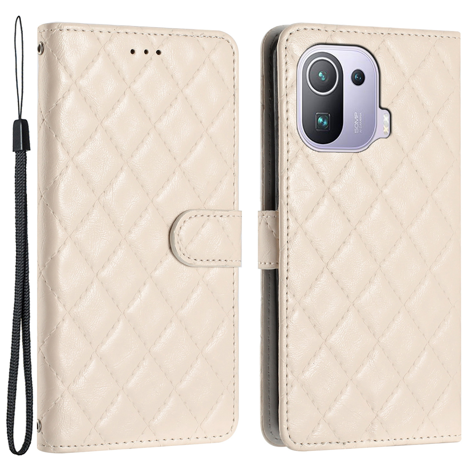 Flip Leather Case for Xiaomi Mi 11 Pro Foldable Stand Wallet Stitching Line Rhombus Phone Cover - White