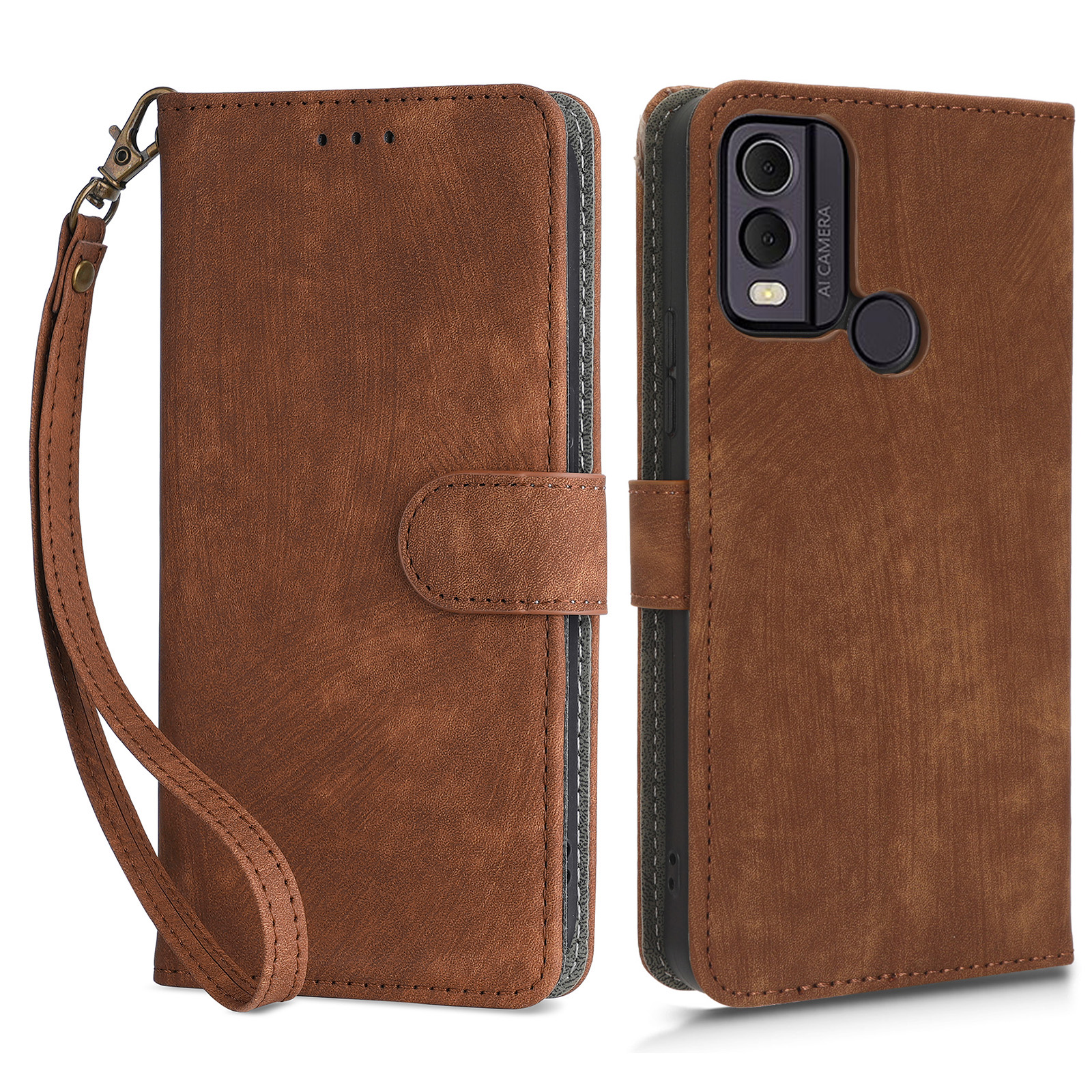 

Für Nokia C22 RFID Blocking Phone Hülle PU Leder Brieftasche Telefonständer Mit Riemen - Braun, Nokia C22