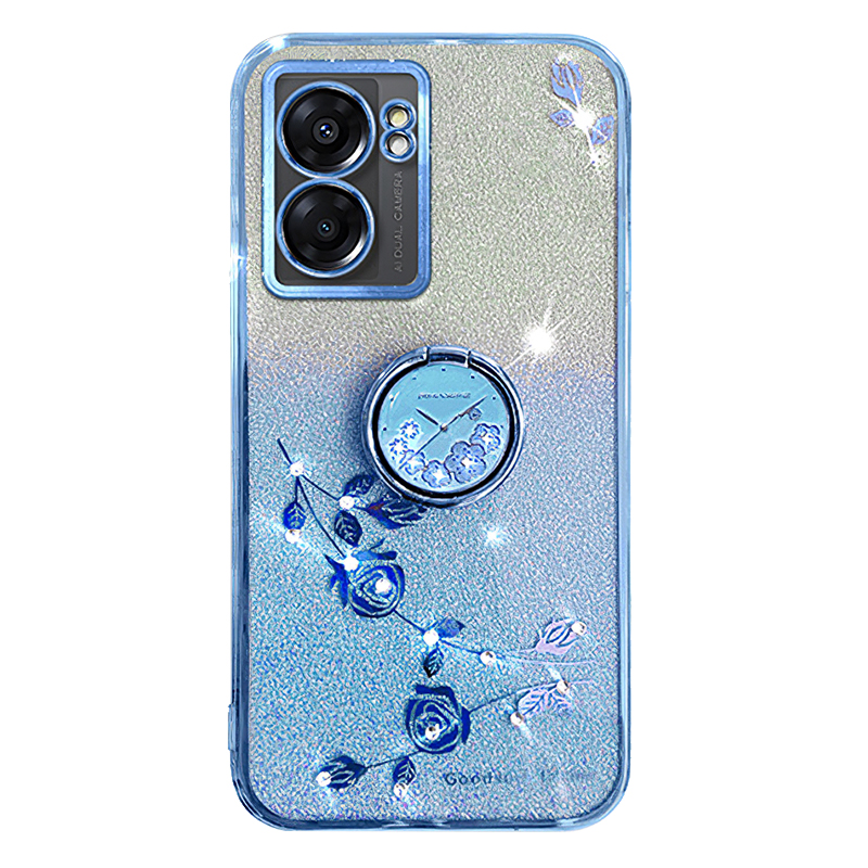

Für Oppo A57 (2022) 5G / A77 5G Ring Kickstand Weiche TPU -abdeckung Glitzer -gradientenblumenmuster Telefonhülle - Blau, Oppo A57 (2022) 5G