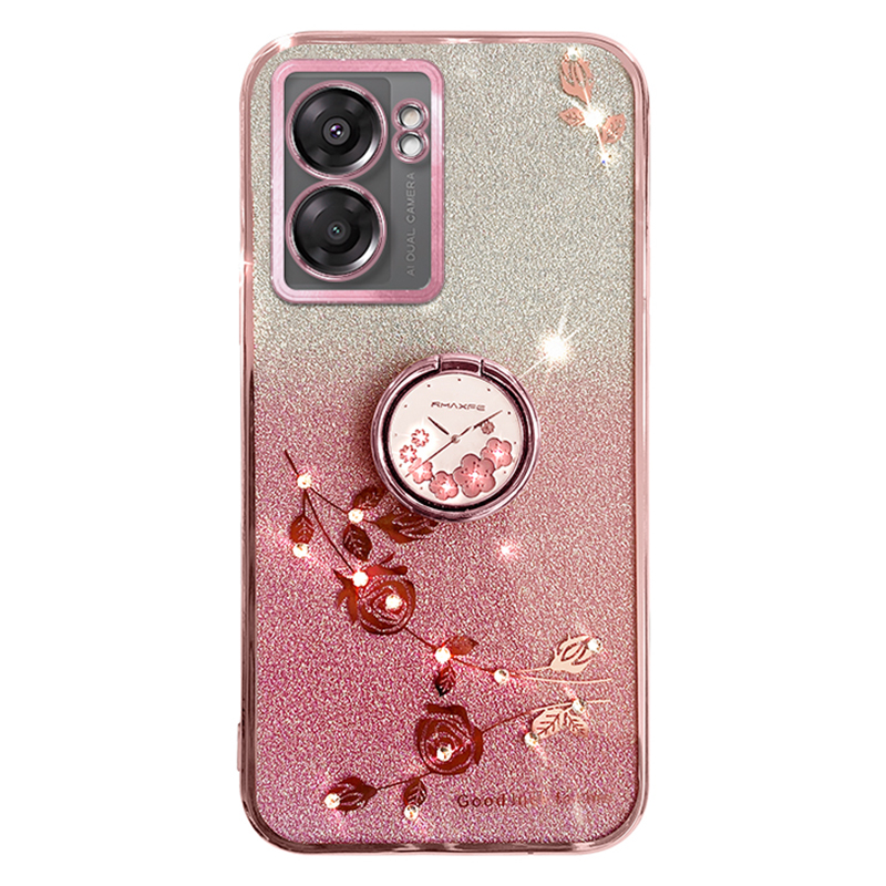 

Für Oppo A57 (2022) 5G / A77 5G Ring Kickstand Weiche TPU -abdeckung Glitzer -gradientenblumenmuster Telefonhülle - Roségold, Oppo A57 (2022) 5G
