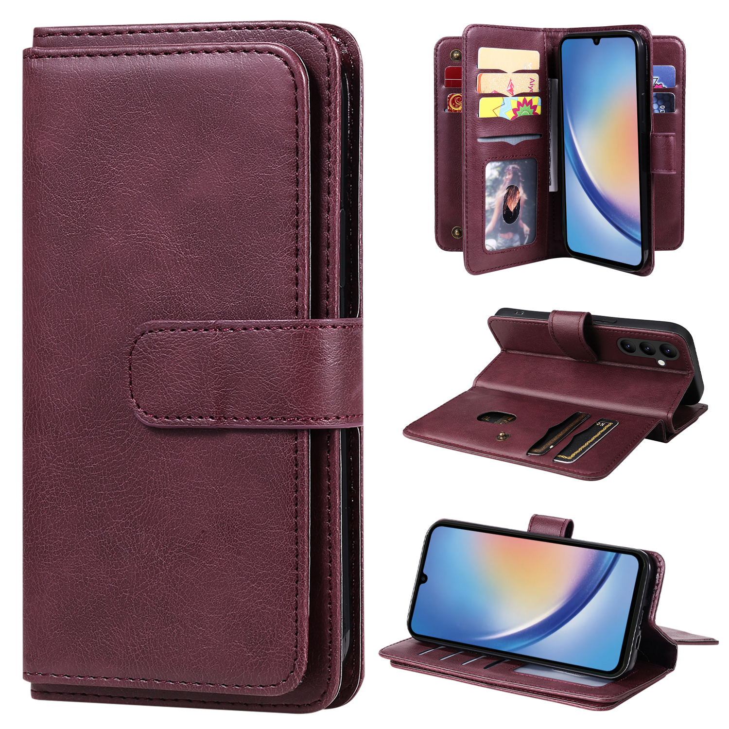 

KT Multifunktionaler Serie-1 Für Samsung Galaxy A34 5G Lederabdeckung 10 Kartenschlitze Stand Wallet Telefon Flip Hülle - Weinrot, Galaxy A34 5G