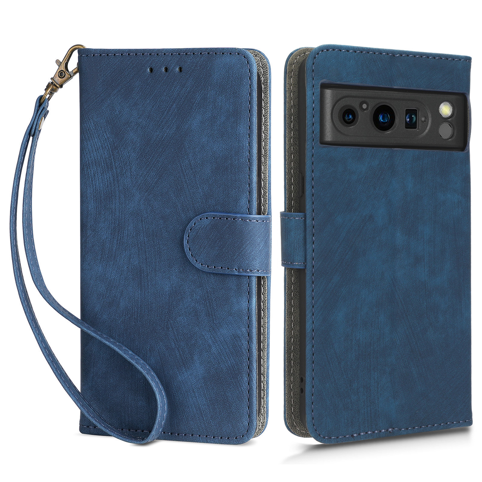 

Für Google Pixel 8 Pro PU Leather Telefon Hülle Ständer RFID Blocking Wallet -schutzabdeckung Mit Riemen - Blau, Google Pixel 8 Pro