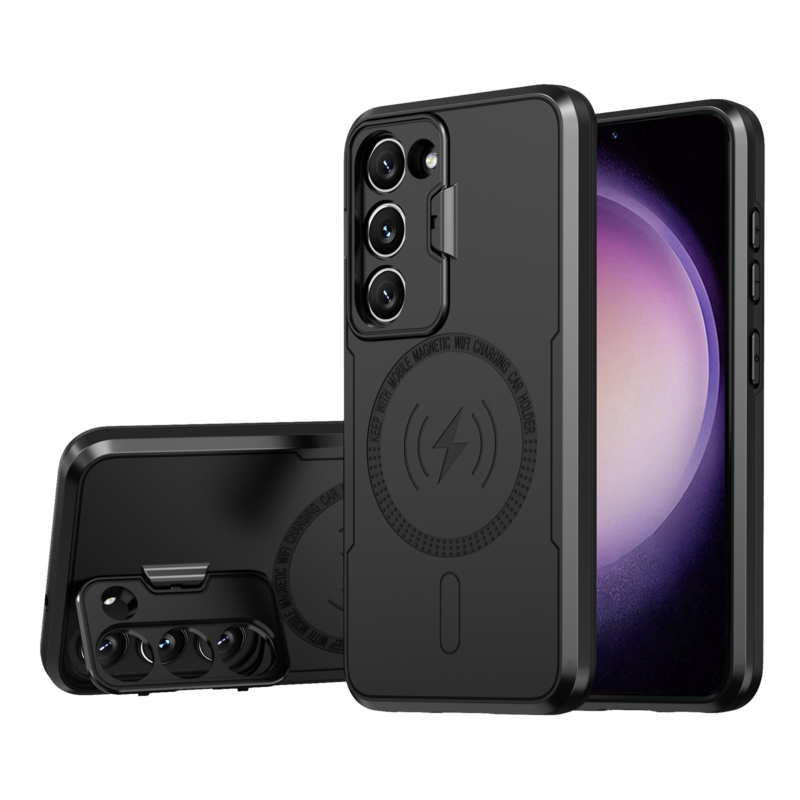 

Für Samsung Galaxy S23 Lens Frame Kickstand Phone Hülle Schockproof Hybrid -pc+tpu -rückzugabdeckung - Schwarz, Galaxy S23
