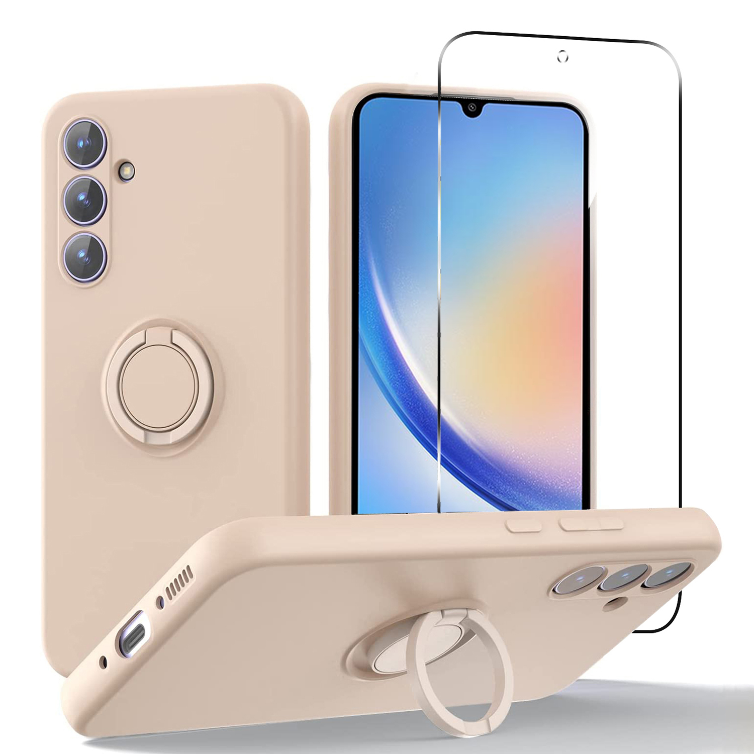 

Für Samsung Galaxy A34 5G Flüssige Silikon -hülle Kickstand -telefonabdeckung Mit 2,5d -lichtbogenkanten Temperierter Glasschriftenfilm - Rosa, Galaxy A34 5G