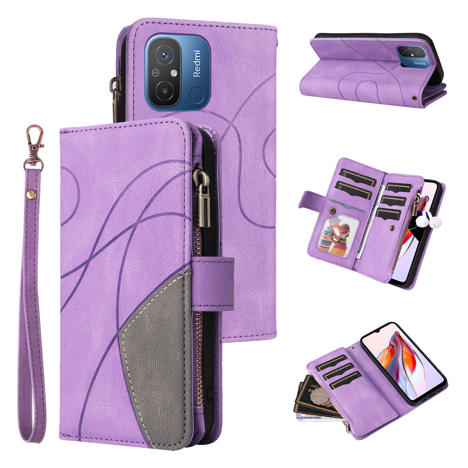 

KT Multifunktions-serie-5-leder-telefonhülle Für Xiaomi Redmi 12c 4G / 11a 4g, Reißverschluss 9 Kartenschlitze Brieftaschenständer Farbe Spleißabdeckung- Licht Lila, Xiaomi Redmi 12C 4G