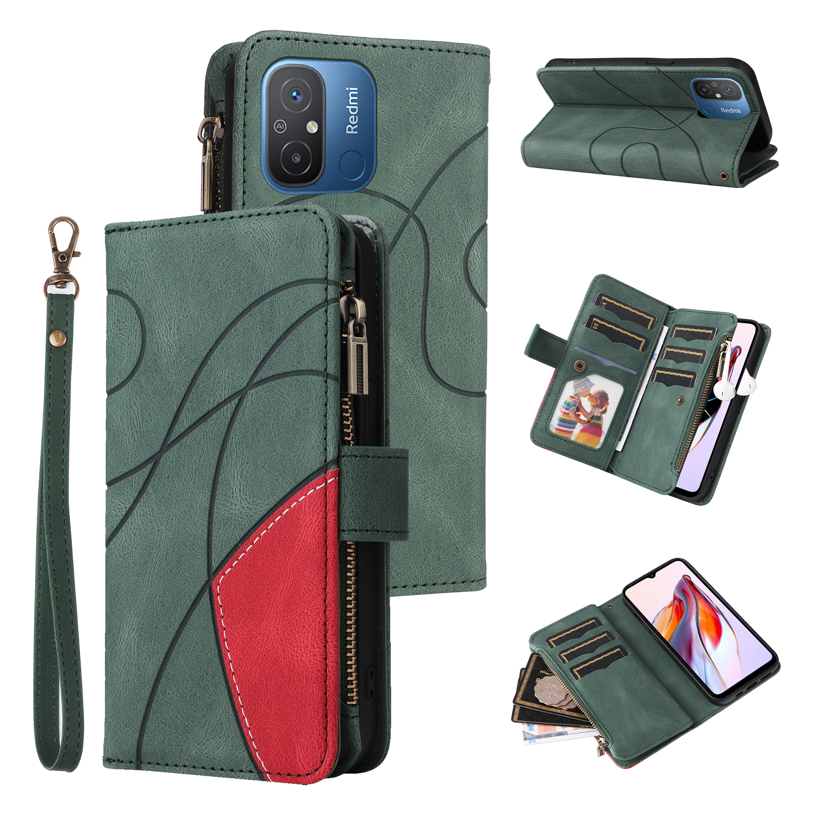

KT Multifunktions-serie-5-leder-telefonhülle Für Xiaomi Redmi 12c 4G / 11a 4g, Reißverschluss 9 Kartenschlitze Brieftaschenständer Farbspleißabdeckung- Grün, Xiaomi Redmi 12C 4G