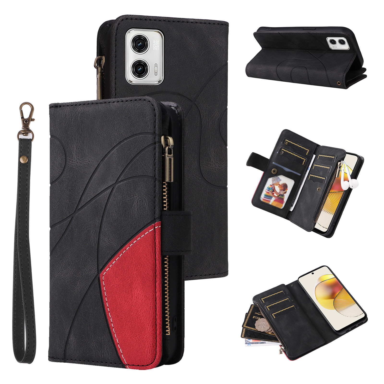 

KT Multifunktion Serie-5 Für Motorola Moto G73 5G Reißverschluss Leder-telefonhülle Farbspleißständer 9 Kartenschlitzballer - Schwarz, Motorola Moto G73 5G