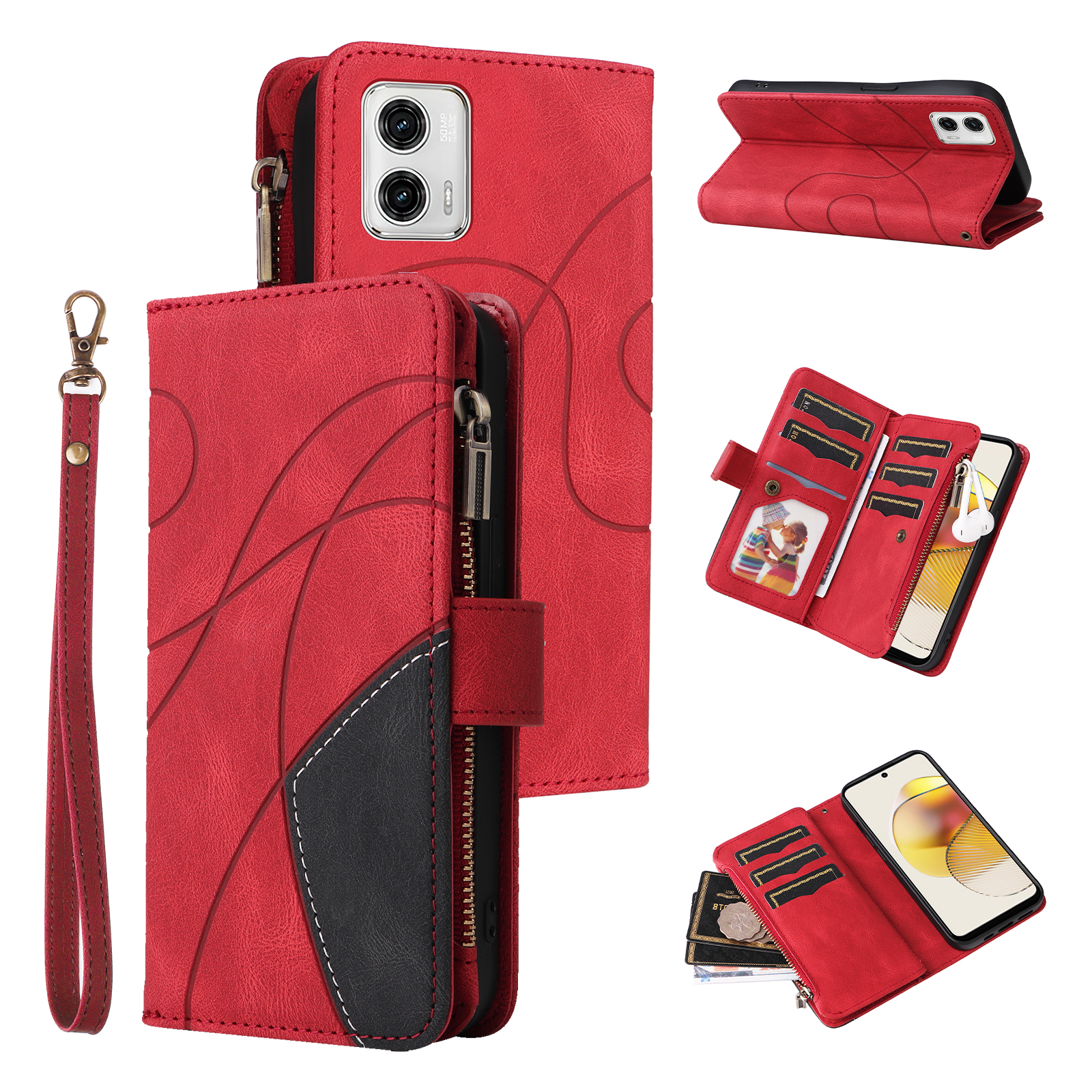

KT Multifunktion Serie-5 Für Motorola Moto G73 5G Reißverschluss Leder-telefonhülle Farbspleißständer 9 Kartenschlitzballer - Rot, Motorola Moto G73 5G