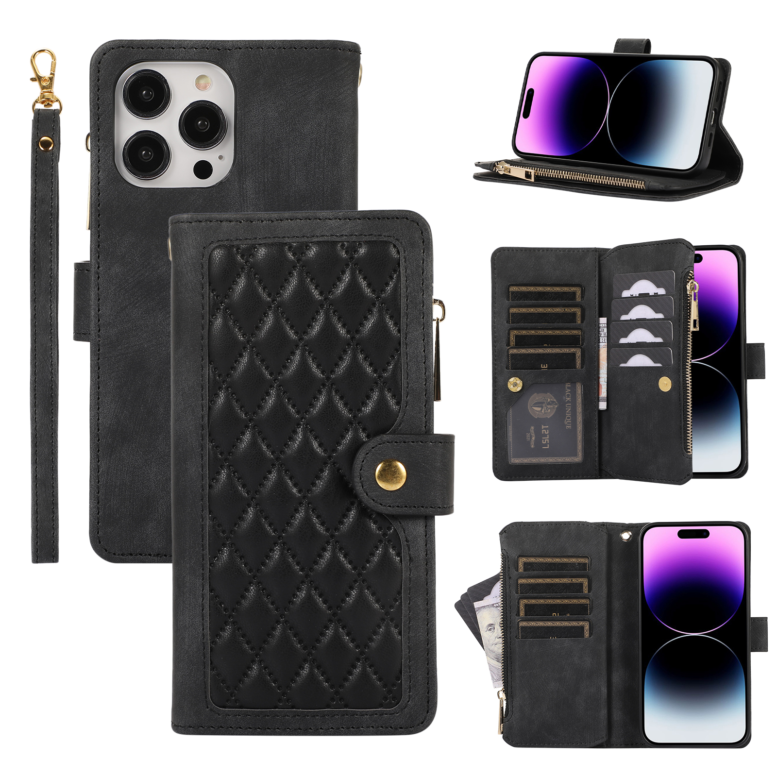 

Für Iphone 14 Pro Max Multiple Kartensteckplätze Reißverschluss Pocket Rhombus PU Lederständer Telefonabdeckung - Schwarz, iPhone 14 Pro Max