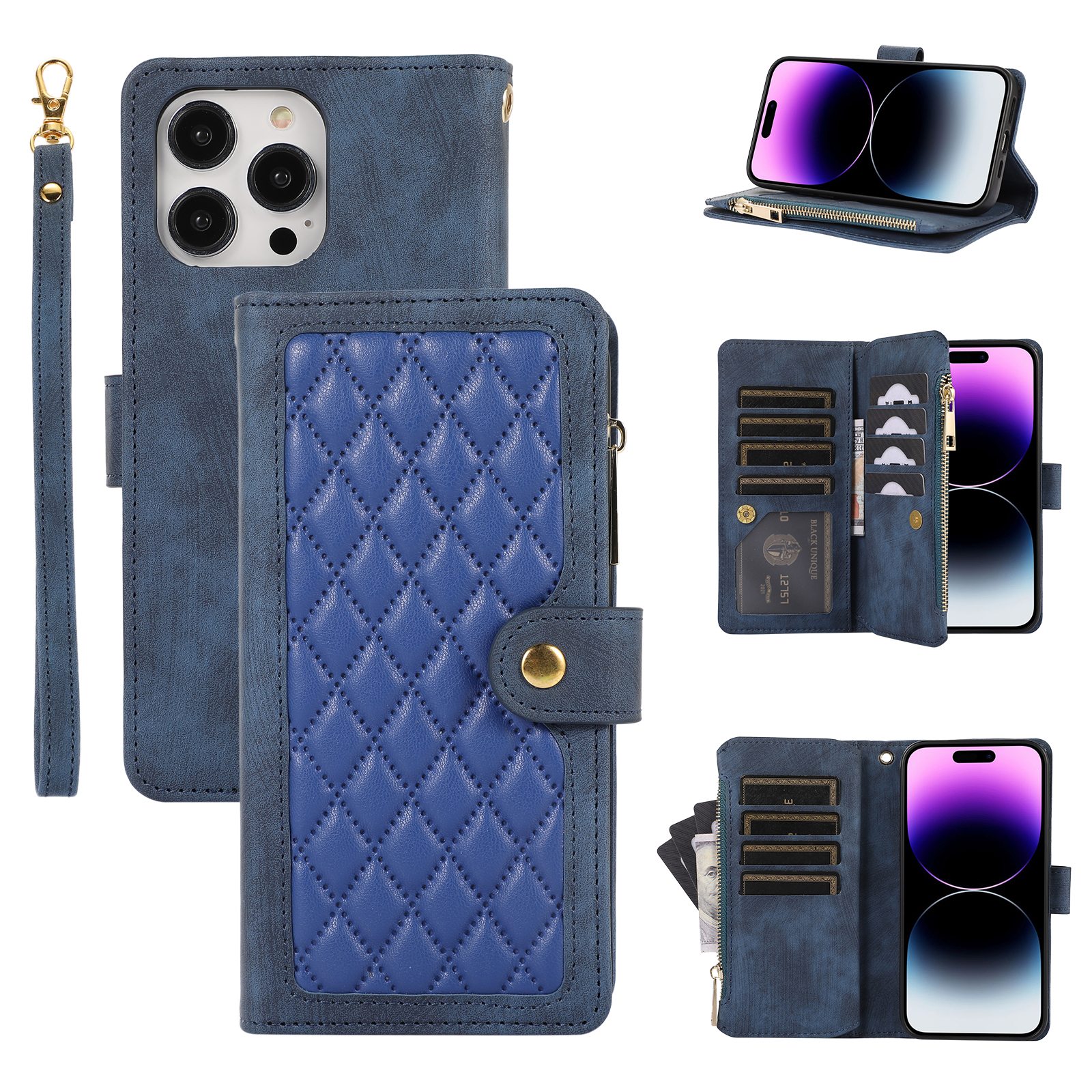 

Für Iphone 14 Pro Max Multiple Kartensteckplätze Reißverschluss Pocket Rhombus PU Lederständer Telefonabdeckung - Blau, iPhone 14 Pro Max