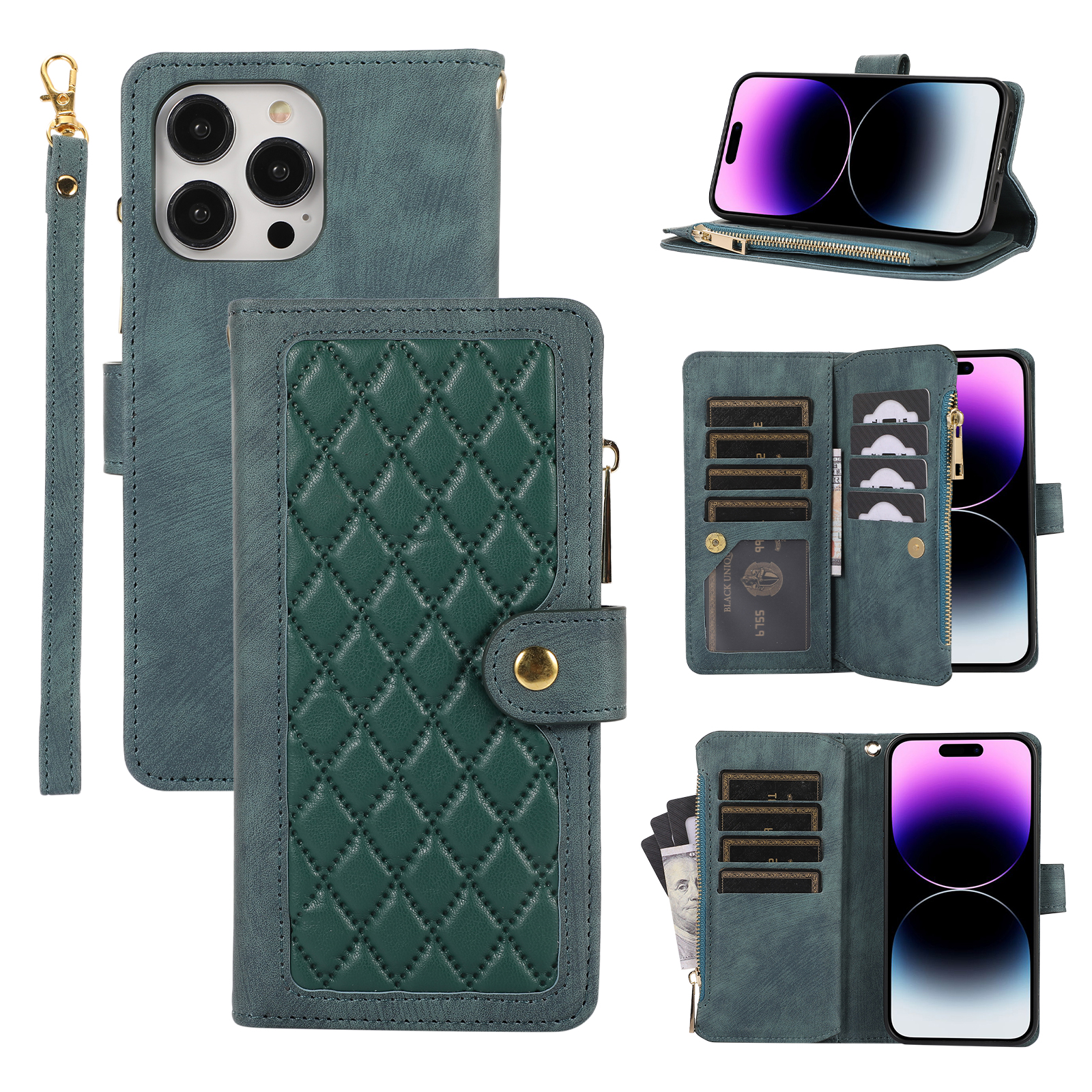 

Für Iphone 14 Pro Max Multiple Kartensteckplätze Reißverschluss Pocket Rhombus PU Lederständer Telefonabdeckung - Grün, iPhone 14 Pro Max
