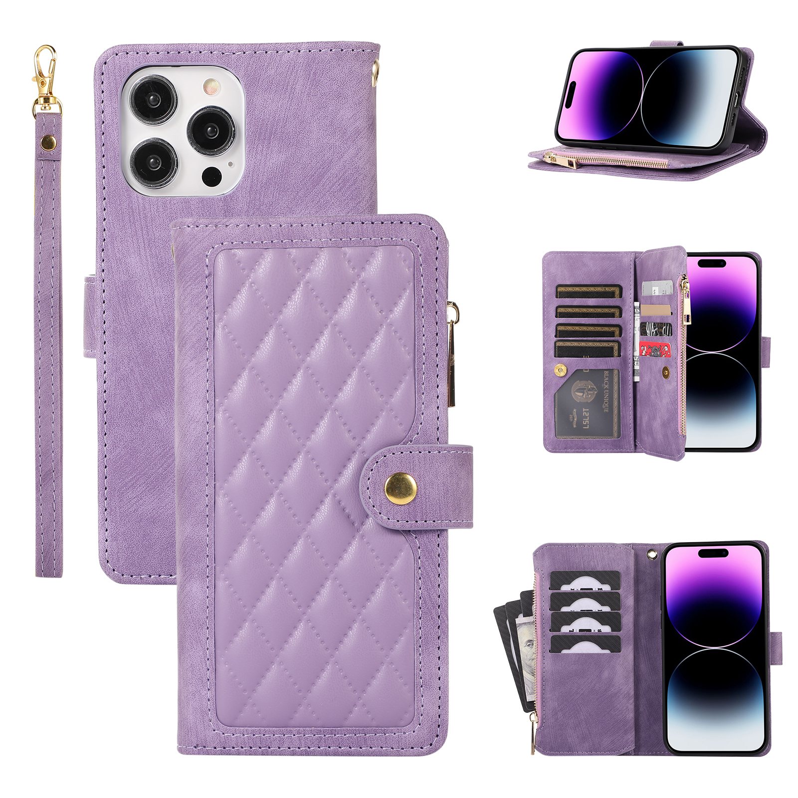 

Für Iphone 14 Pro Max Multiple Kartensteckplätze Reißverschluss Pocket Rhombus PU Lederständer Telefonabdeckung - Lila, iPhone 14 Pro Max