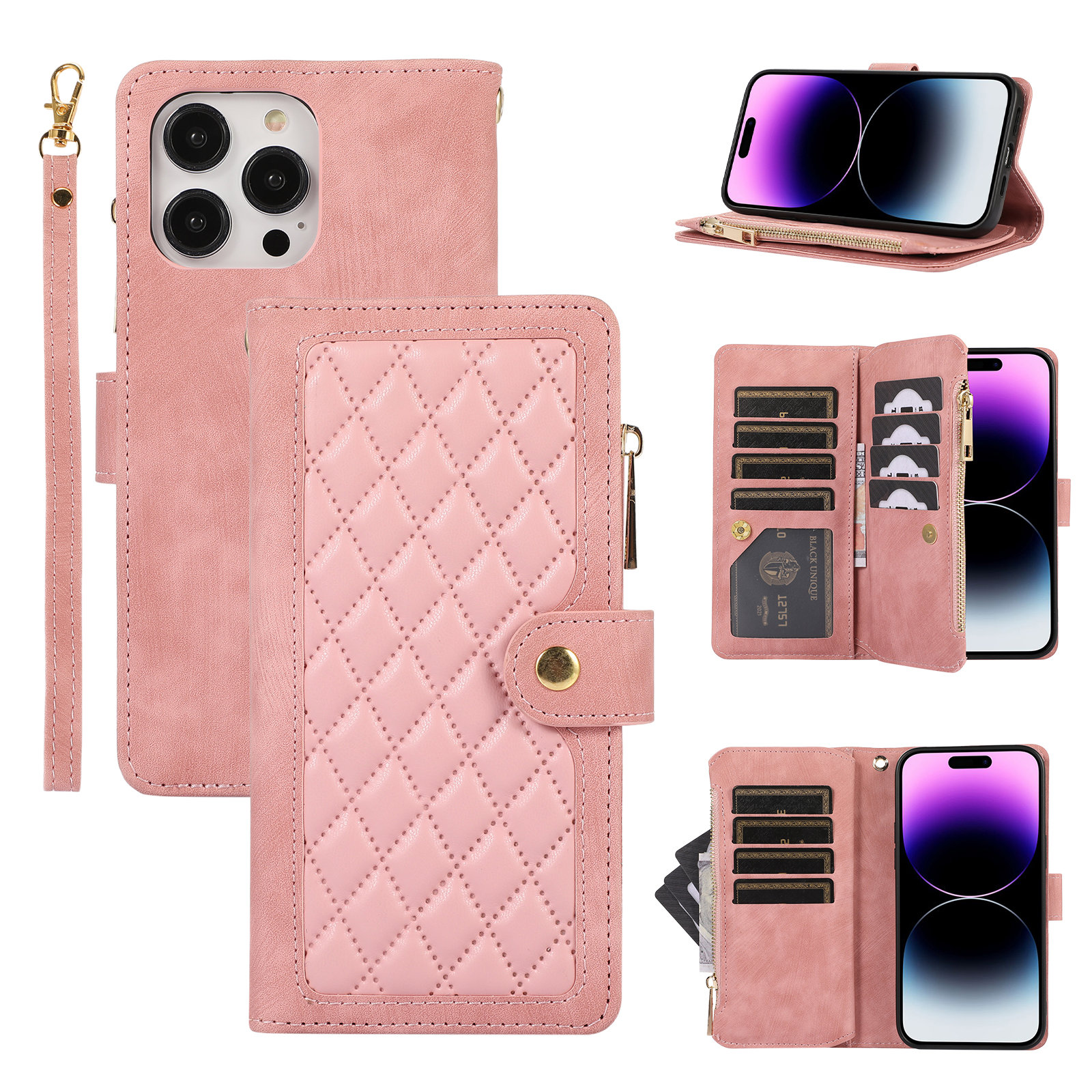 

Für Iphone 14 Pro Anti-drop-hülle Mehrere Kartensteckplätze Reißverschluss Pocket Rhombus PU Lederständer Telefonabdeckung - Roségold, iPhone 14 Pro