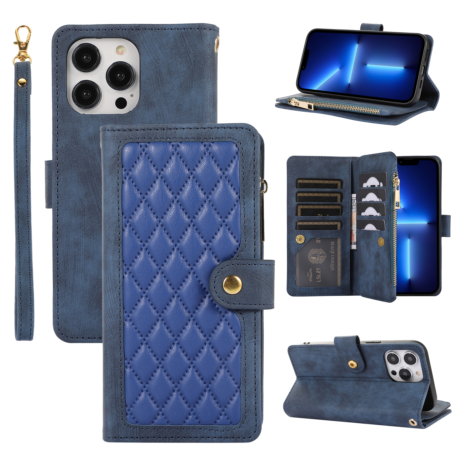 

Standkoffer Für Iphone 13 Pro 6.1 Zoll Mehrere Kartensteckplätze Reißverschluss Pocket Rhombus PU Leder Telefonabdeckung - Blau, iPhone 13 Pro