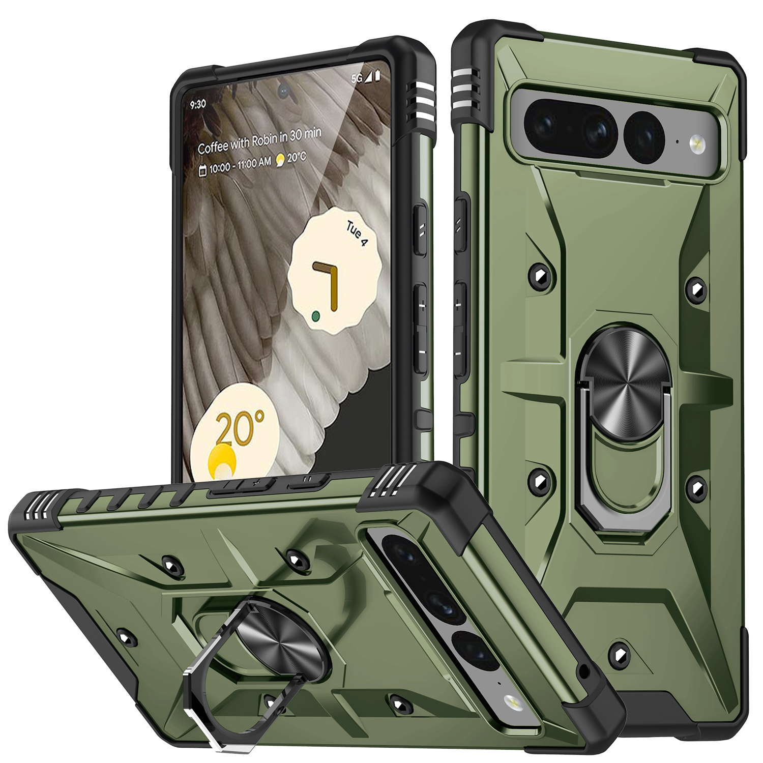 

Für Google Pixel 7 Pro 5G PC+TPU Armor Phone Case Car Mount Stance Schoffort - Armeegrün, Google Pixel 7 Pro 5G