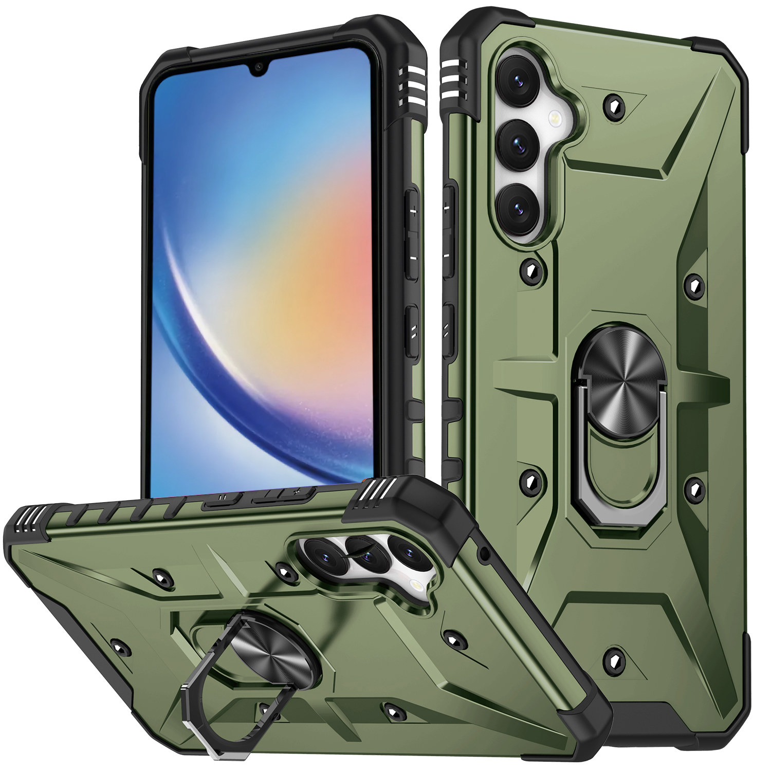 

Für Samsung Galaxy A34 5G Schockfeste TPU+PC Phone Hülle Ring Kickstand Anti-scratch-rückzugabdeckung - Armeegrün, Galaxy A34 5G