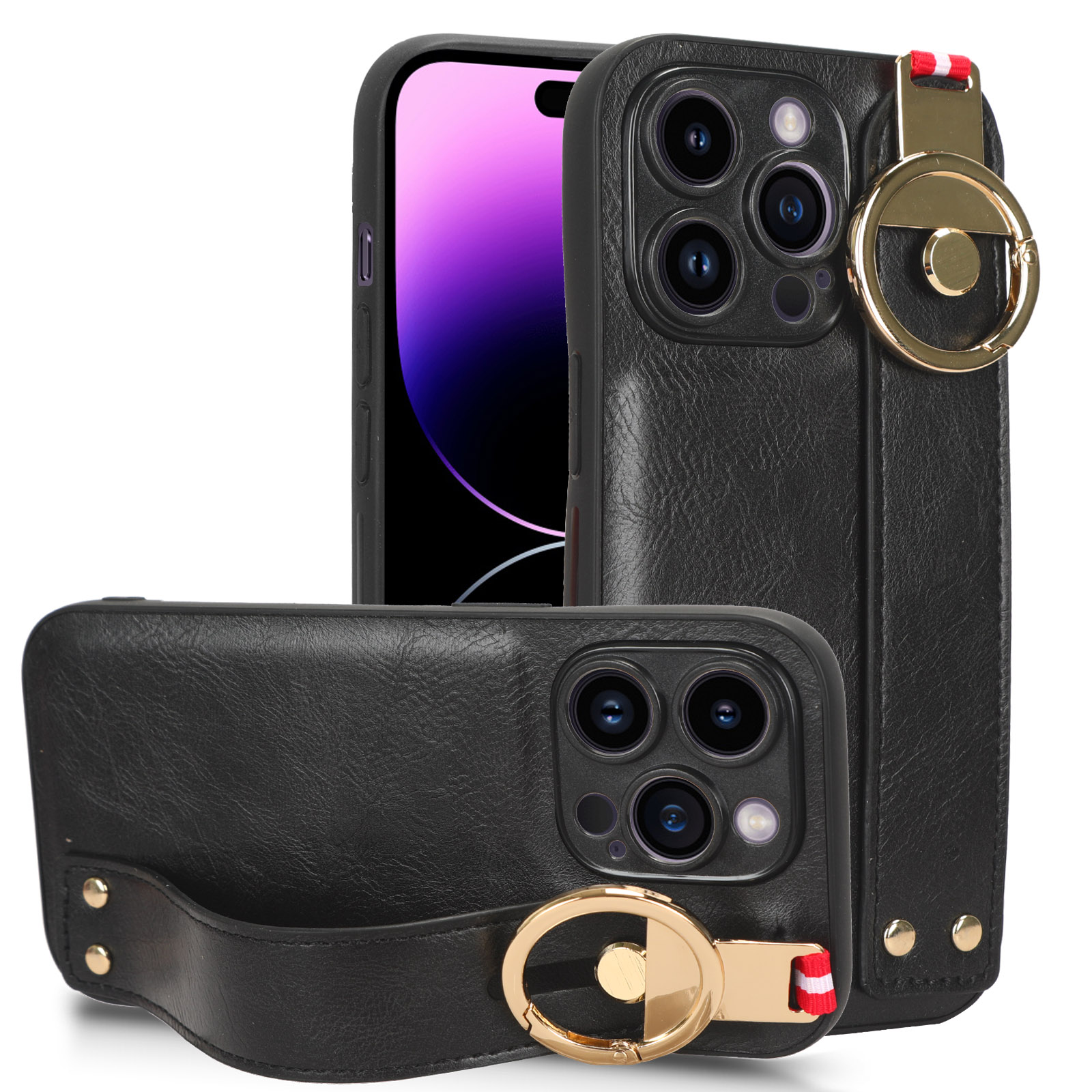 

Für Das Iphone 14 Pro -armband Kickstand Leder -lederbeschichtung PC+TPU -rückenhülle Mit Nackengurt - Schwarz, iPhone 14 Pro