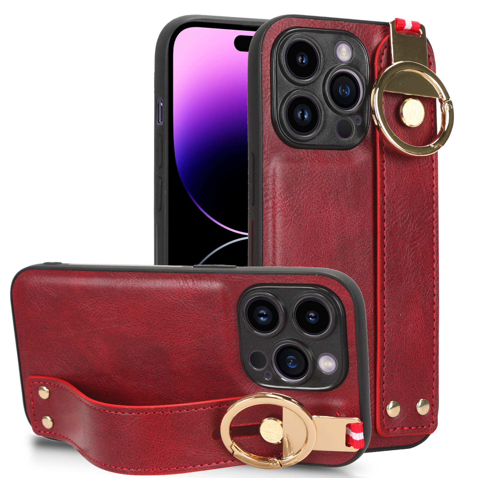 

Für Das Iphone 14 Pro -armband Kickstand Leder -lederbeschichtung PC+TPU -rückenhülle Mit Nackengurt - Rot, iPhone 14 Pro