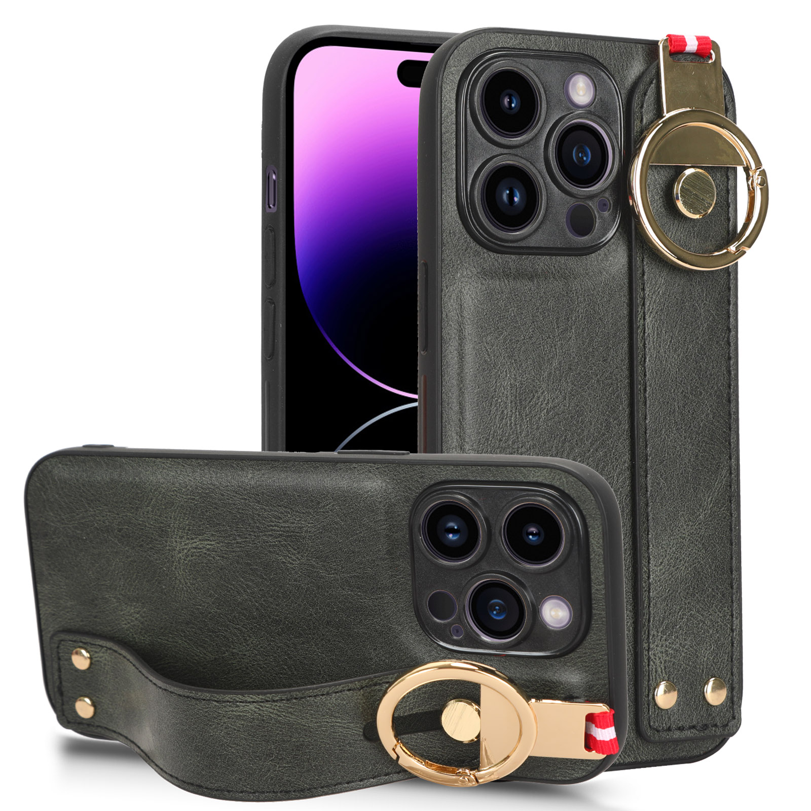 

Für Das Iphone 14 Pro -armband Kickstand Leder -lederbeschichtung PC+TPU -rückenhülle Mit Nackengurt - Grün, iPhone 14 Pro