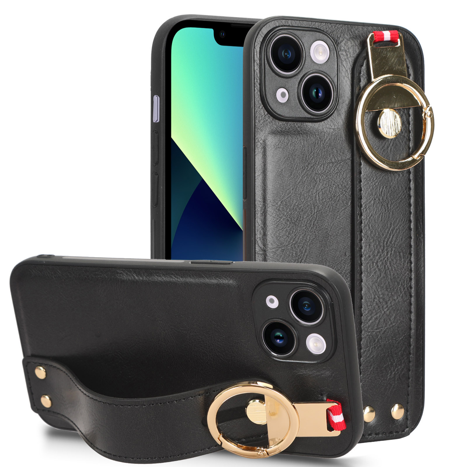 

Für Iphone 13 6,1 Zoll PU Lederbeschichtete Pc+tpu-telefonhülle Armband Kickstand Anti-scratch-abdeckung - Schwarz, iPhone 13