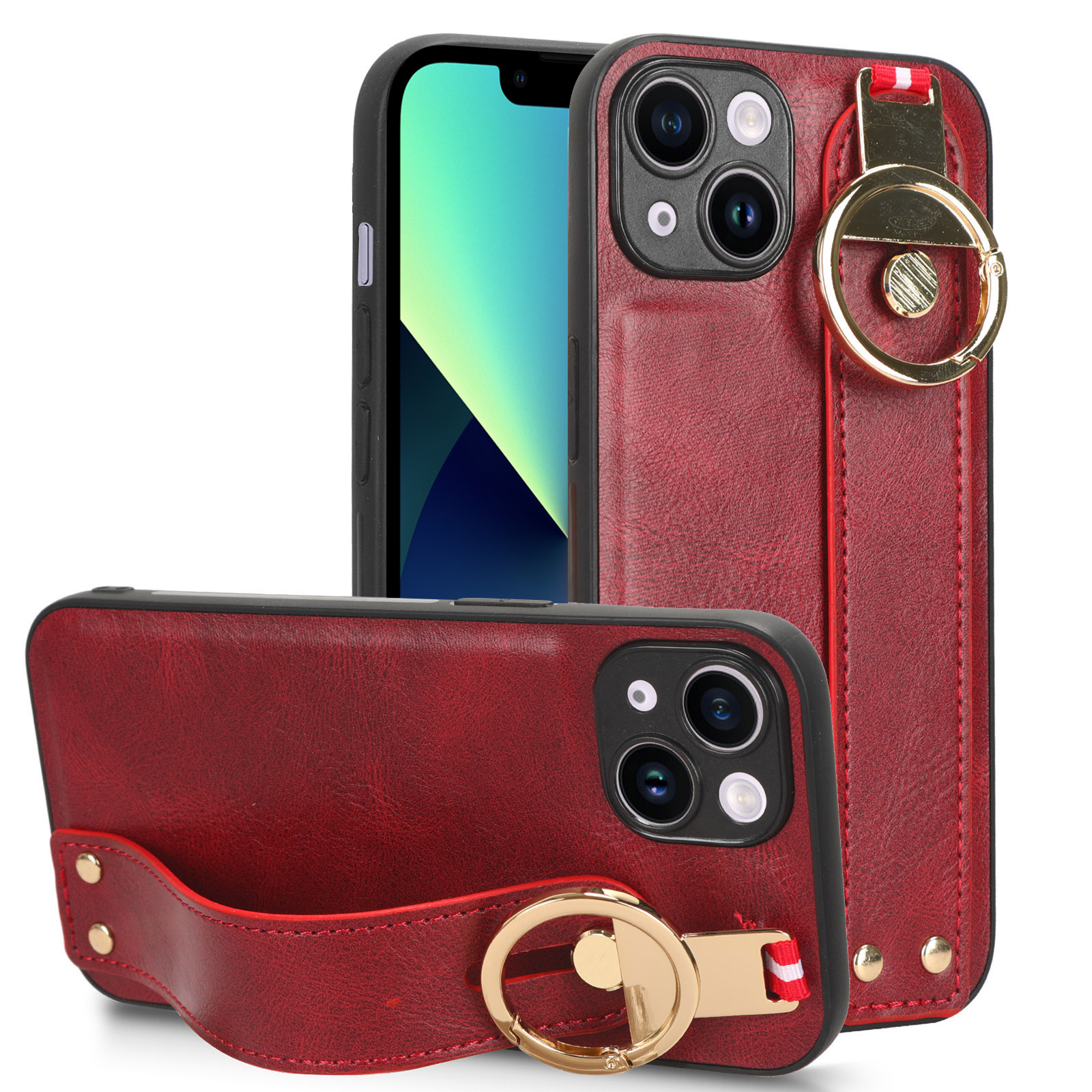 

Für Iphone 13 6,1 Zoll PU Lederbeschichtete Pc+tpu-telefonhülle Armband Kickstand Anti-scratch-abdeckung - Rot, iPhone 13