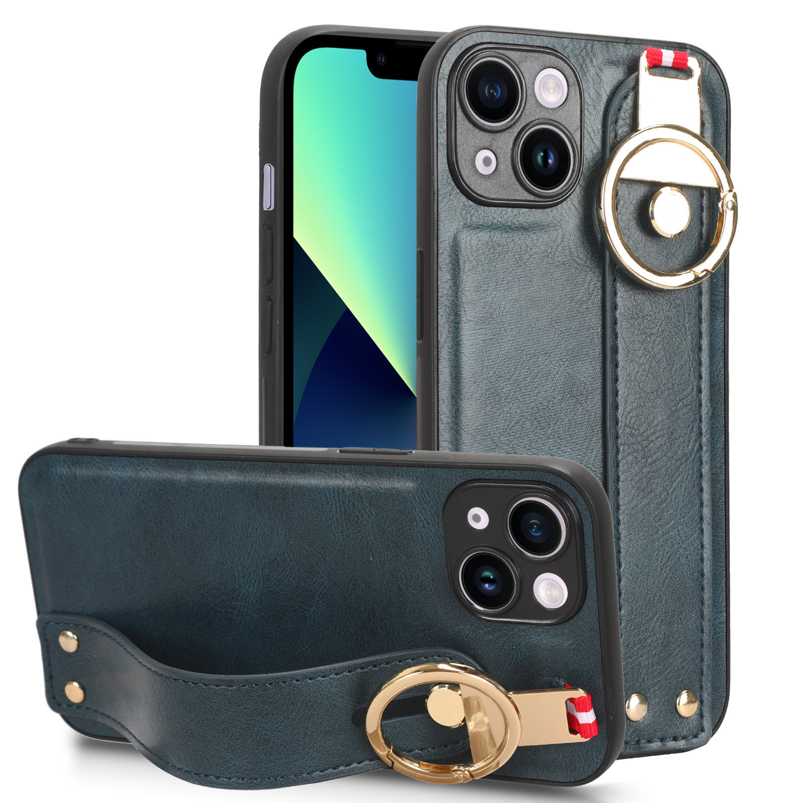 

Für Iphone 13 6,1 Zoll PU Lederbeschichtete Pc+tpu-telefonhülle Armband Kickstand Anti-scratch-abdeckung - Blau, iPhone 13